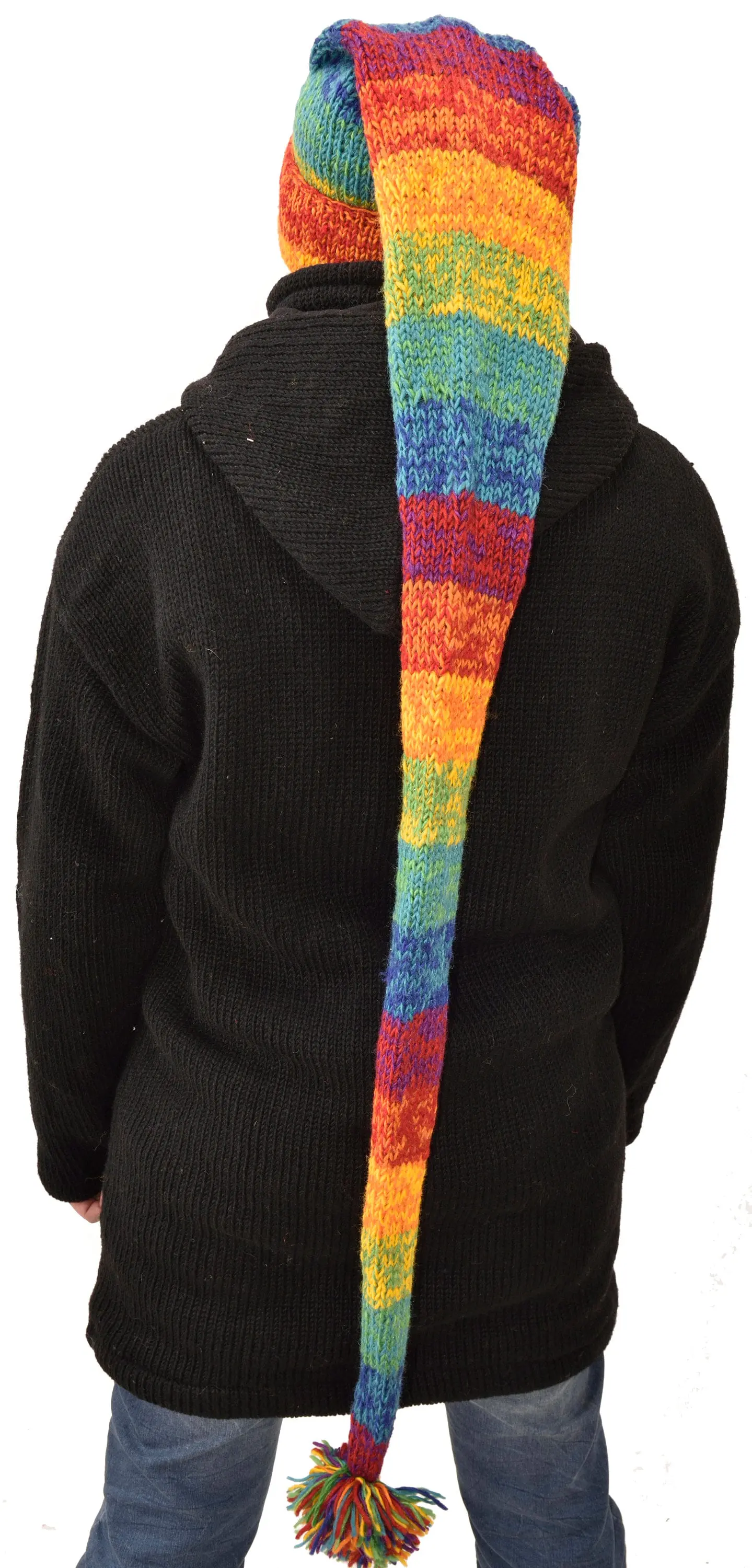 Hand Made 100% Merino Wool Long Tail Stocking Hat Scarves Combo Hooded Scarf Polar Fleece Lined Stocking Cap Hat and Winter Scarf Combo