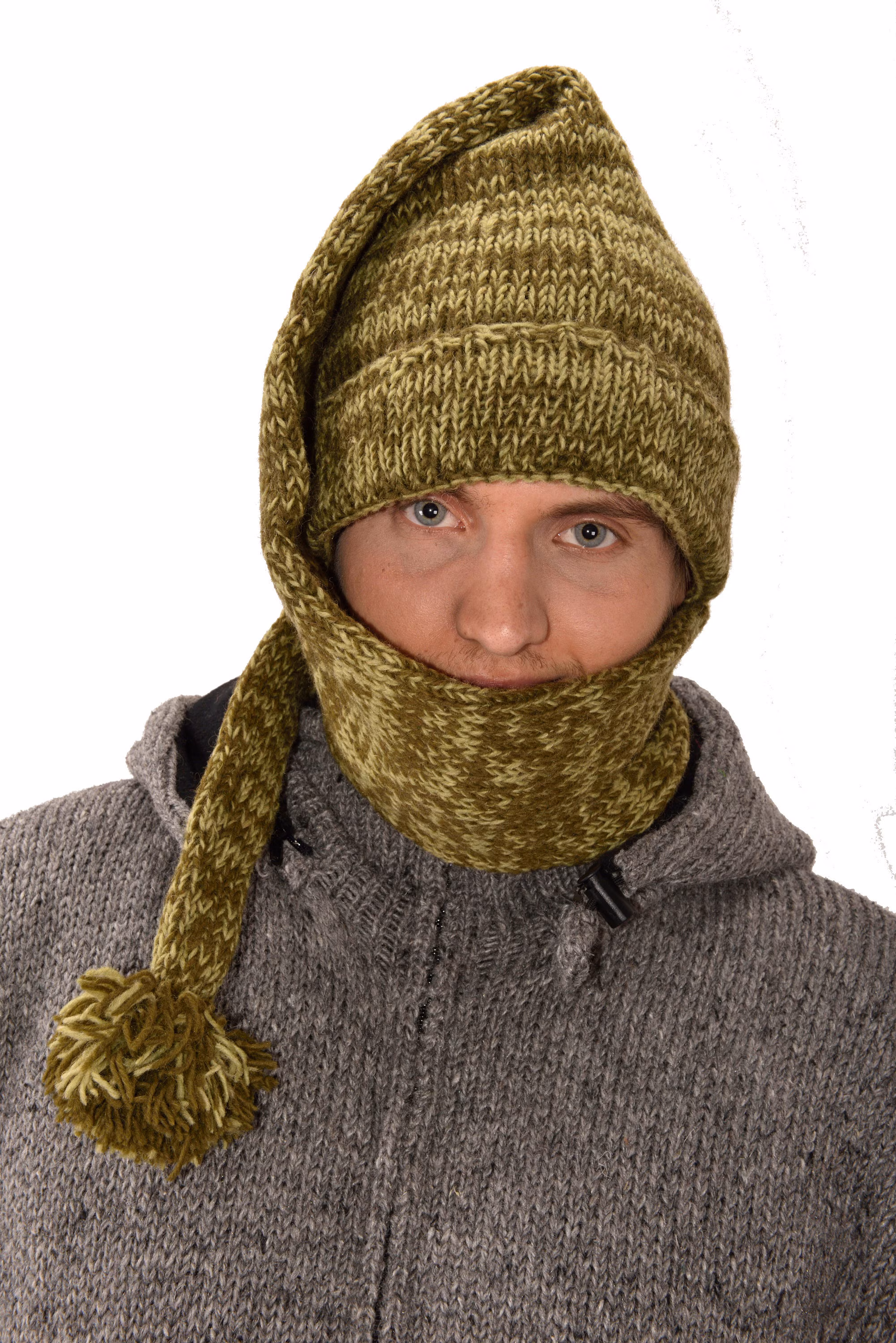 Hand Made 100% Merino Wool Long Tail Stocking Hat Scarves Combo Hooded Scarf Polar Fleece Lined Stocking Cap Hat and Winter Scarf Combo