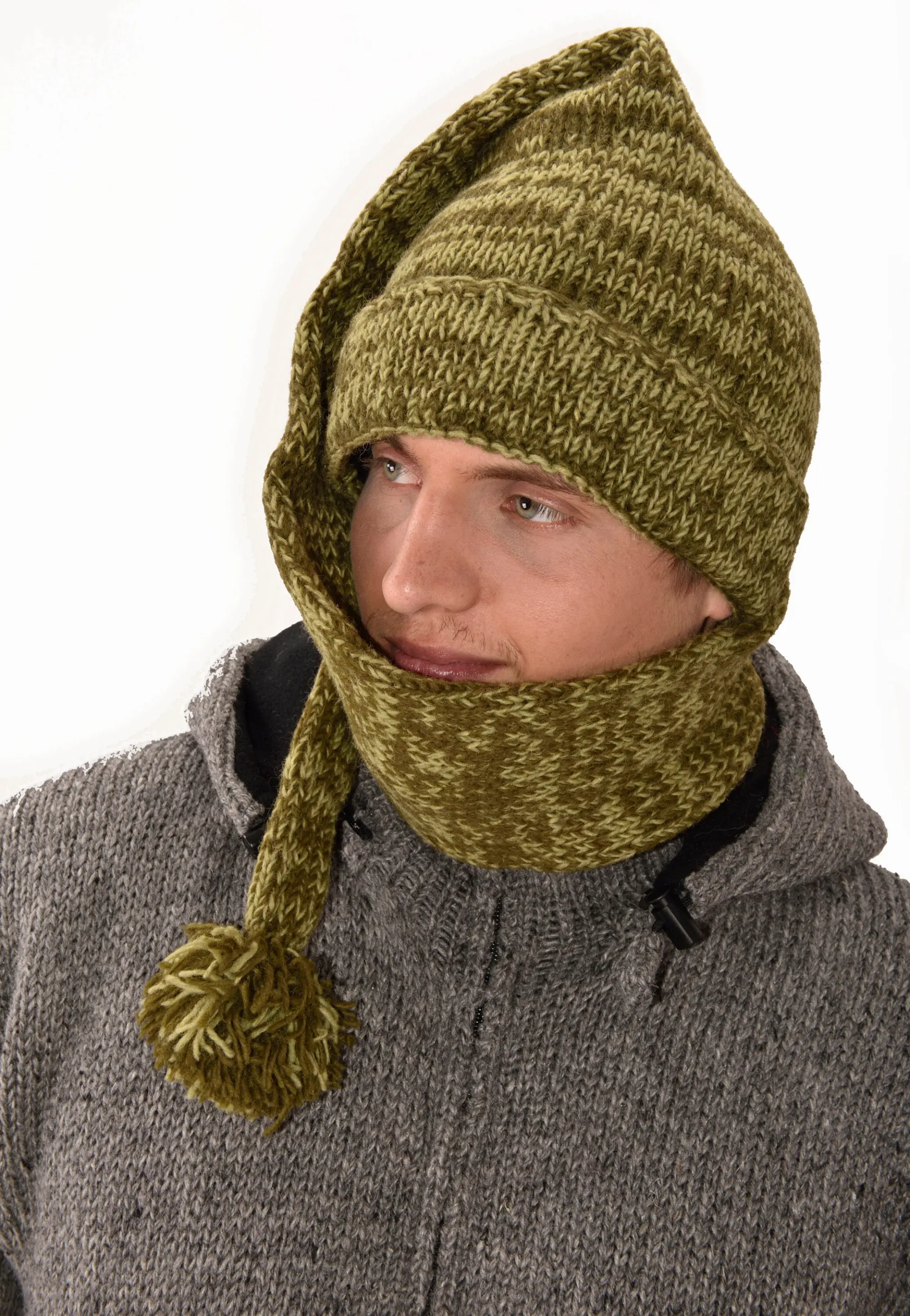 Hand Made 100% Merino Wool Long Tail Stocking Hat Scarves Combo Hooded Scarf Polar Fleece Lined Stocking Cap Hat and Winter Scarf Combo