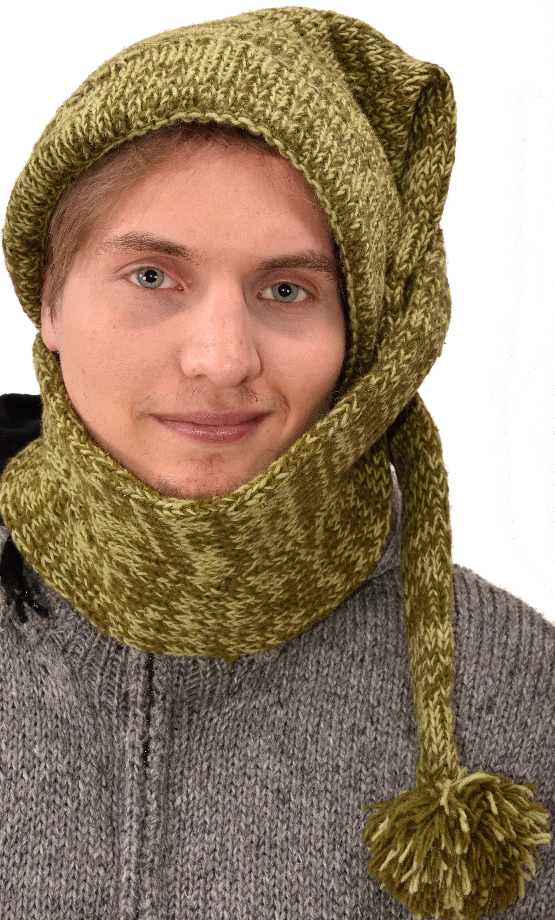 Hand Made 100% Merino Wool Long Tail Stocking Hat Scarves Combo Hooded Scarf Polar Fleece Lined Stocking Cap Hat and Winter Scarf Combo