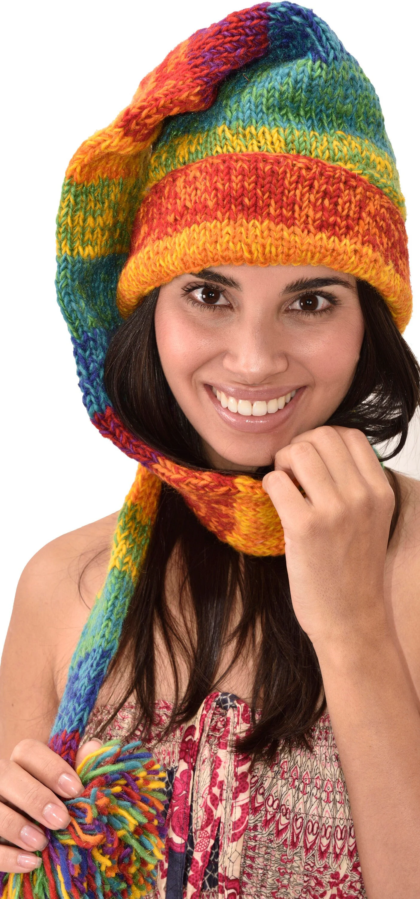 Hand Made 100% Merino Wool Long Tail Stocking Hat Scarves Combo Hooded Scarf Polar Fleece Lined Stocking Cap Hat and Winter Scarf Combo