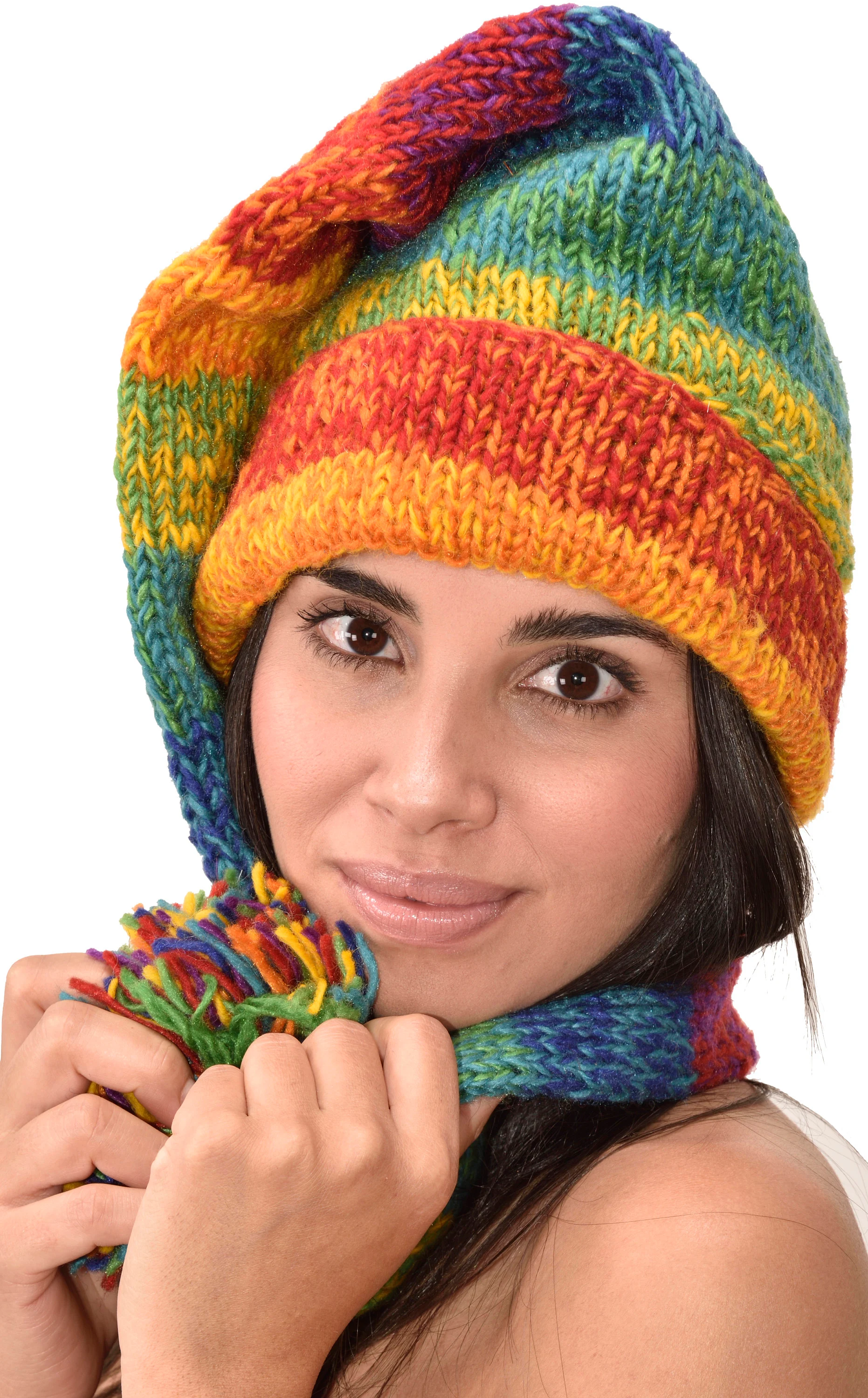 Hand Made 100% Merino Wool Long Tail Stocking Hat Scarves Combo Hooded Scarf Polar Fleece Lined Stocking Cap Hat and Winter Scarf Combo