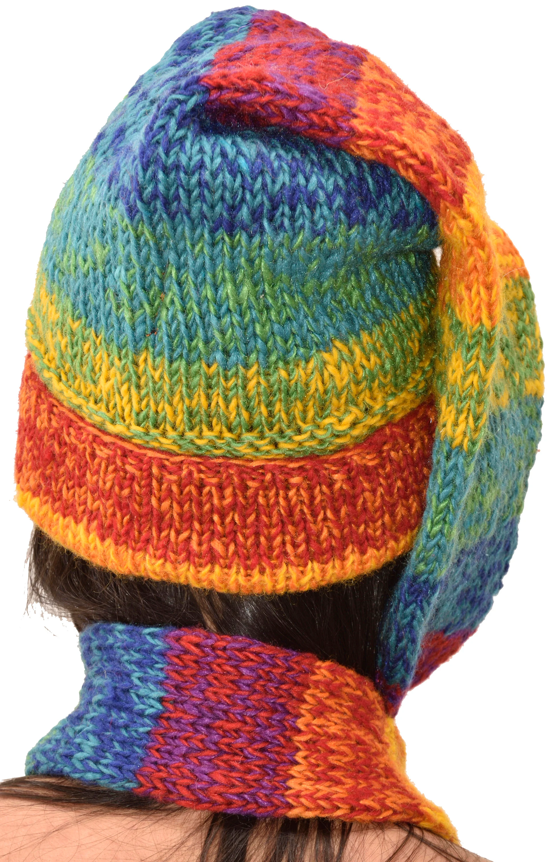 Hand Made 100% Merino Wool Long Tail Stocking Hat Scarves Combo Hooded Scarf Polar Fleece Lined Stocking Cap Hat and Winter Scarf Combo