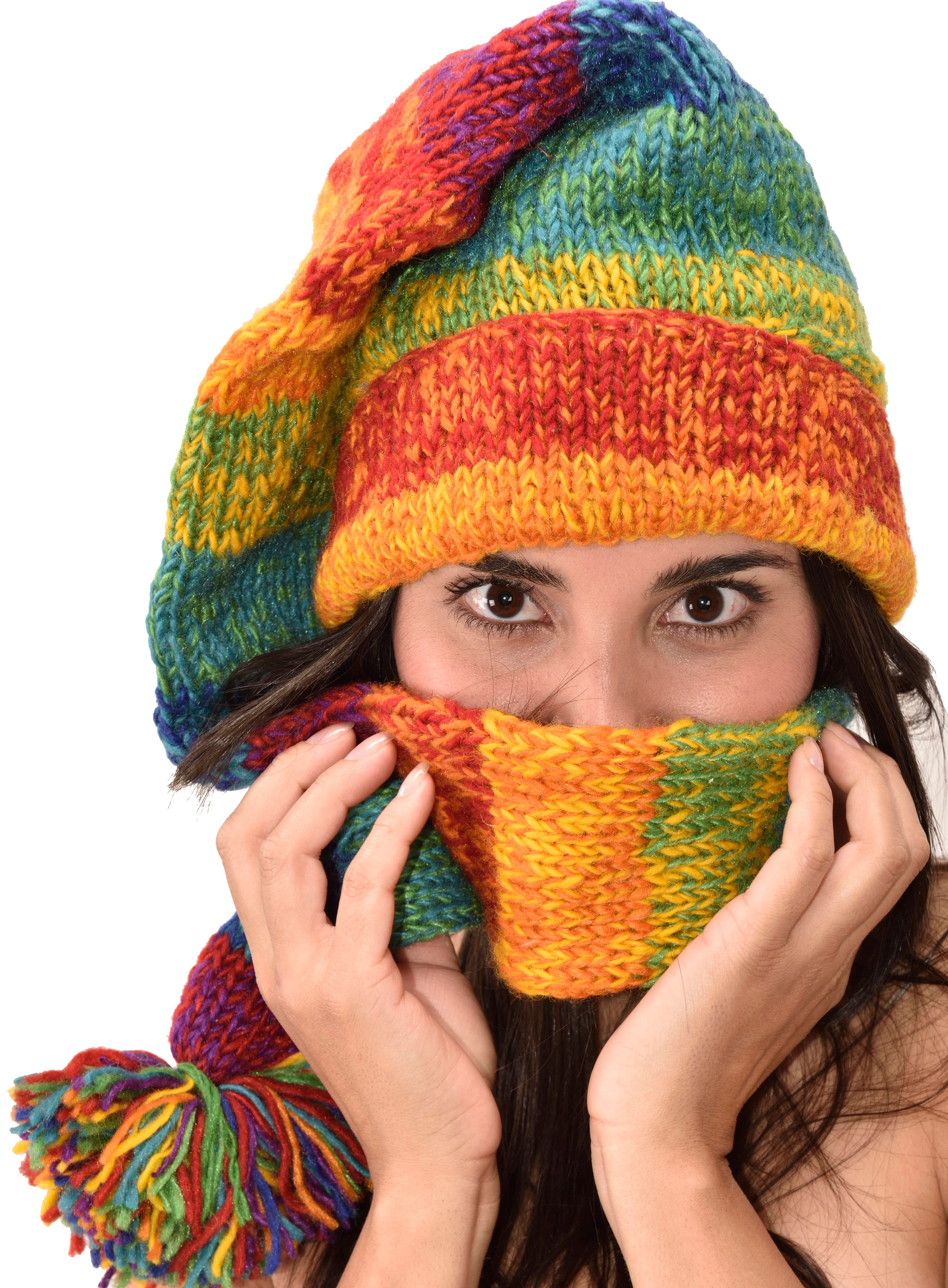 Hand Made 100% Merino Wool Long Tail Stocking Hat Scarves Combo Hooded Scarf Polar Fleece Lined Stocking Cap Hat and Winter Scarf Combo