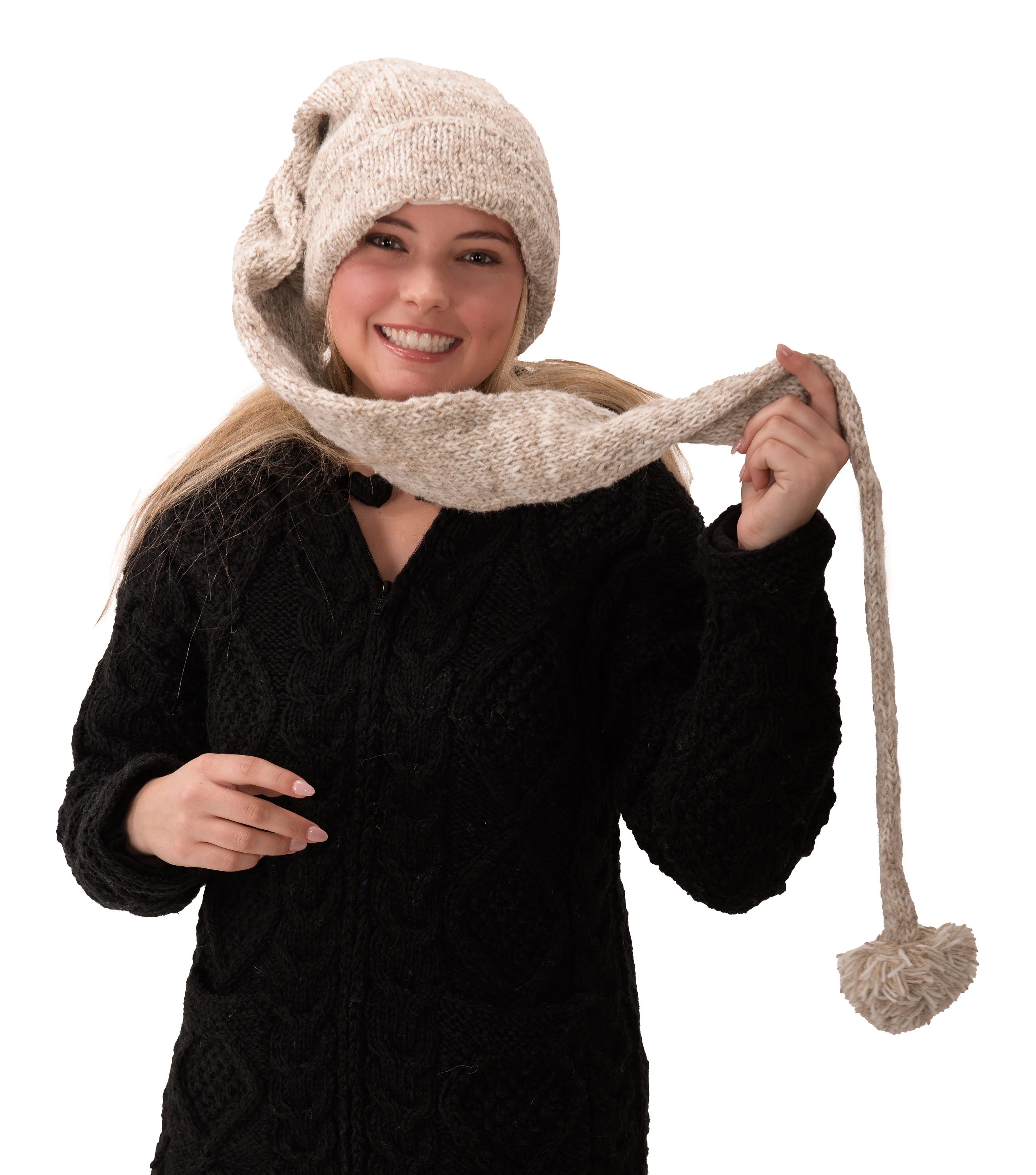 Hand Made 100% Merino Wool Long Tail Stocking Hat Scarves Combo Hooded Scarf Polar Fleece Lined Stocking Cap Hat and Winter Scarf Combo