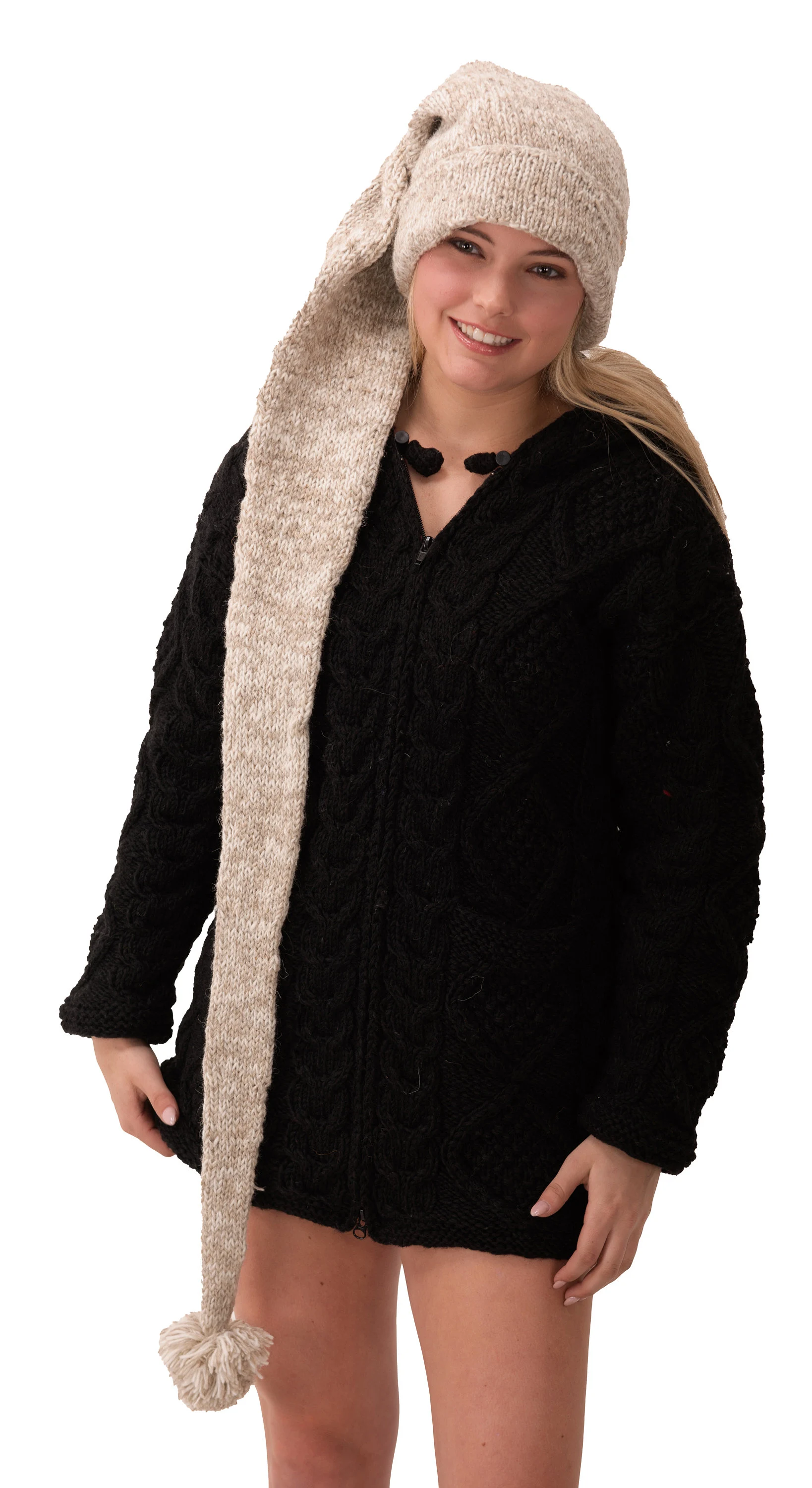 Hand Made 100% Merino Wool Long Tail Stocking Hat Scarves Combo Hooded Scarf Polar Fleece Lined Stocking Cap Hat and Winter Scarf Combo