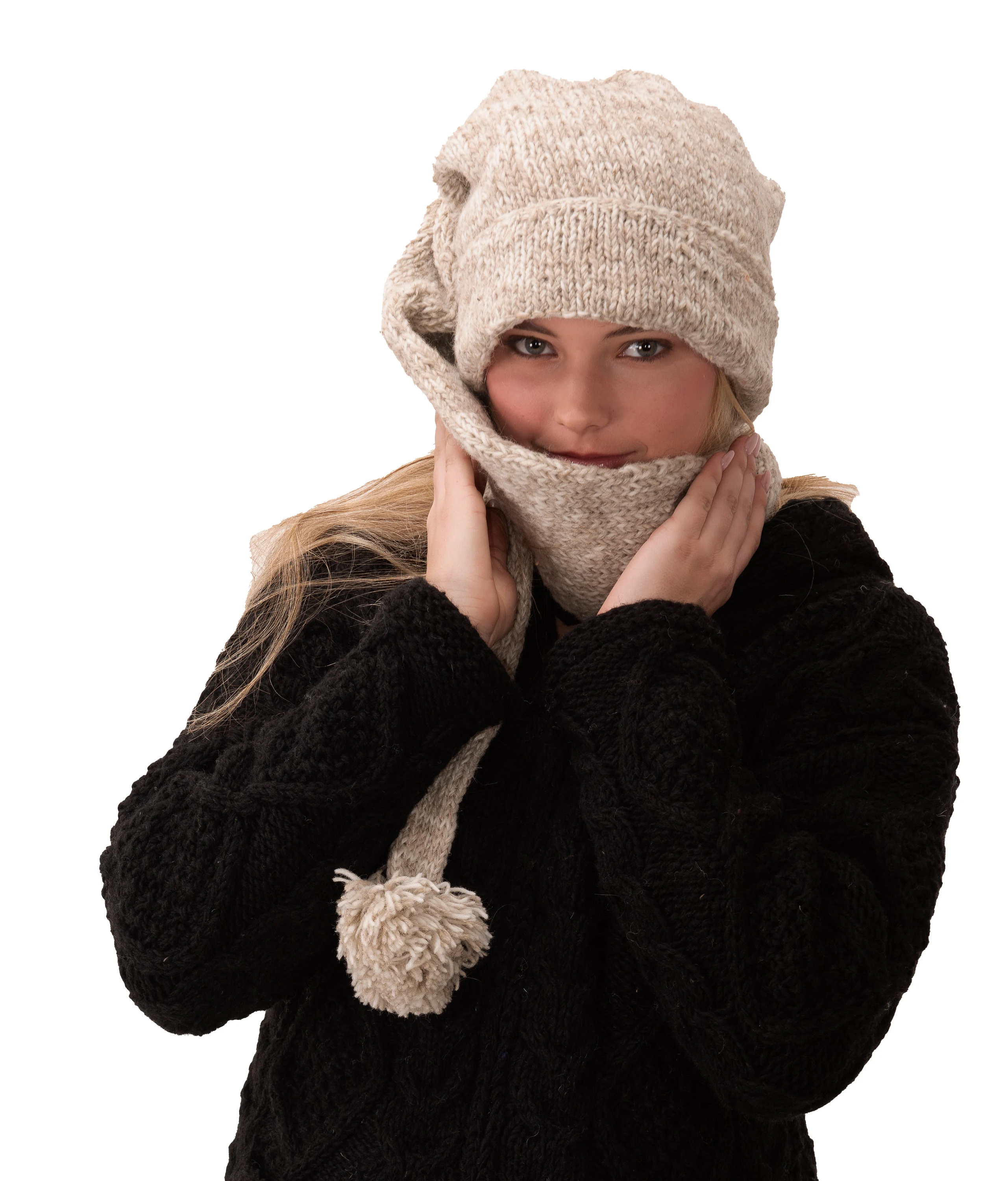 Hand Made 100% Merino Wool Long Tail Stocking Hat Scarves Combo Hooded Scarf Polar Fleece Lined Stocking Cap Hat and Winter Scarf Combo