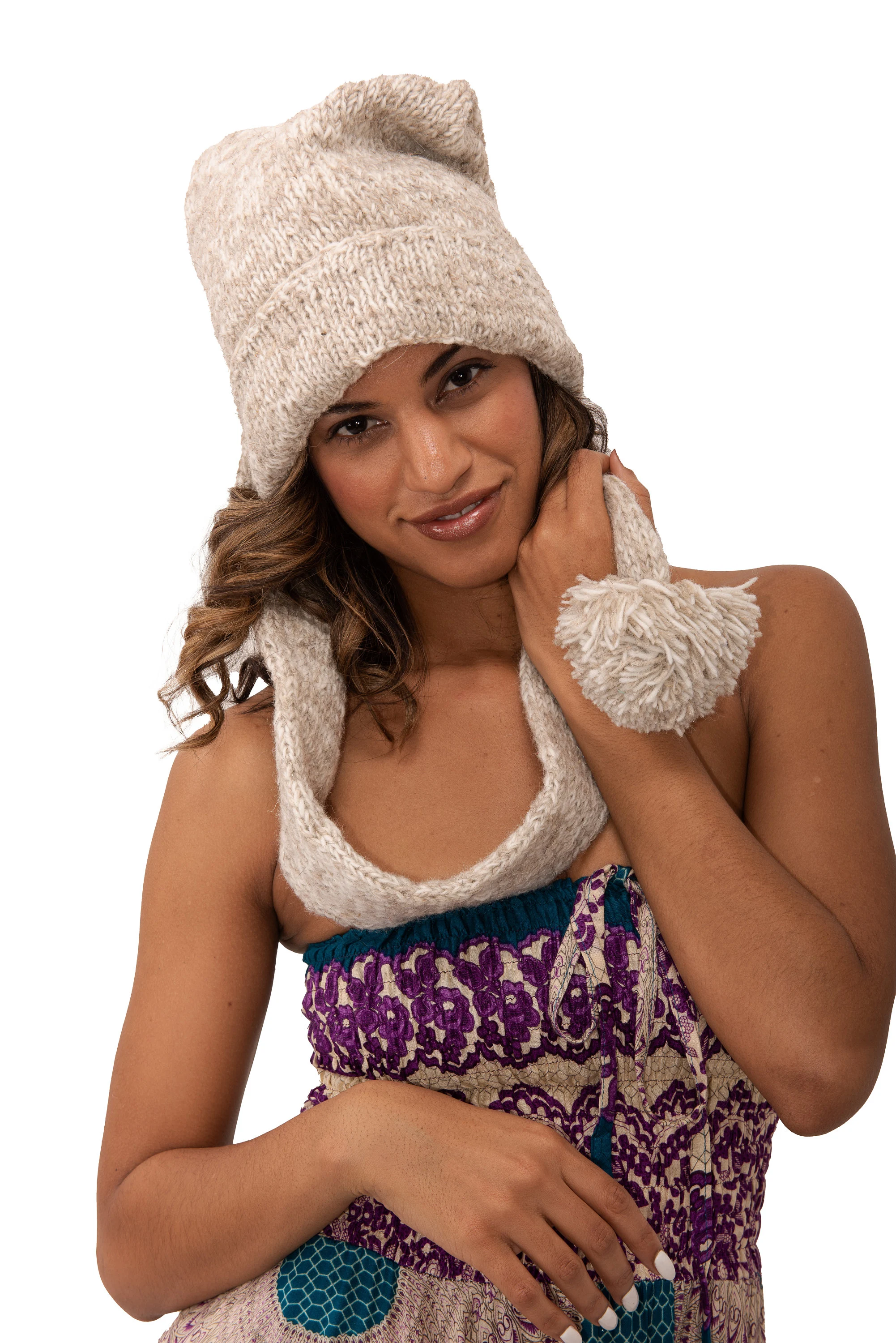 Hand Made 100% Merino Wool Long Tail Stocking Hat Scarves Combo Hooded Scarf Polar Fleece Lined Stocking Cap Hat and Winter Scarf Combo