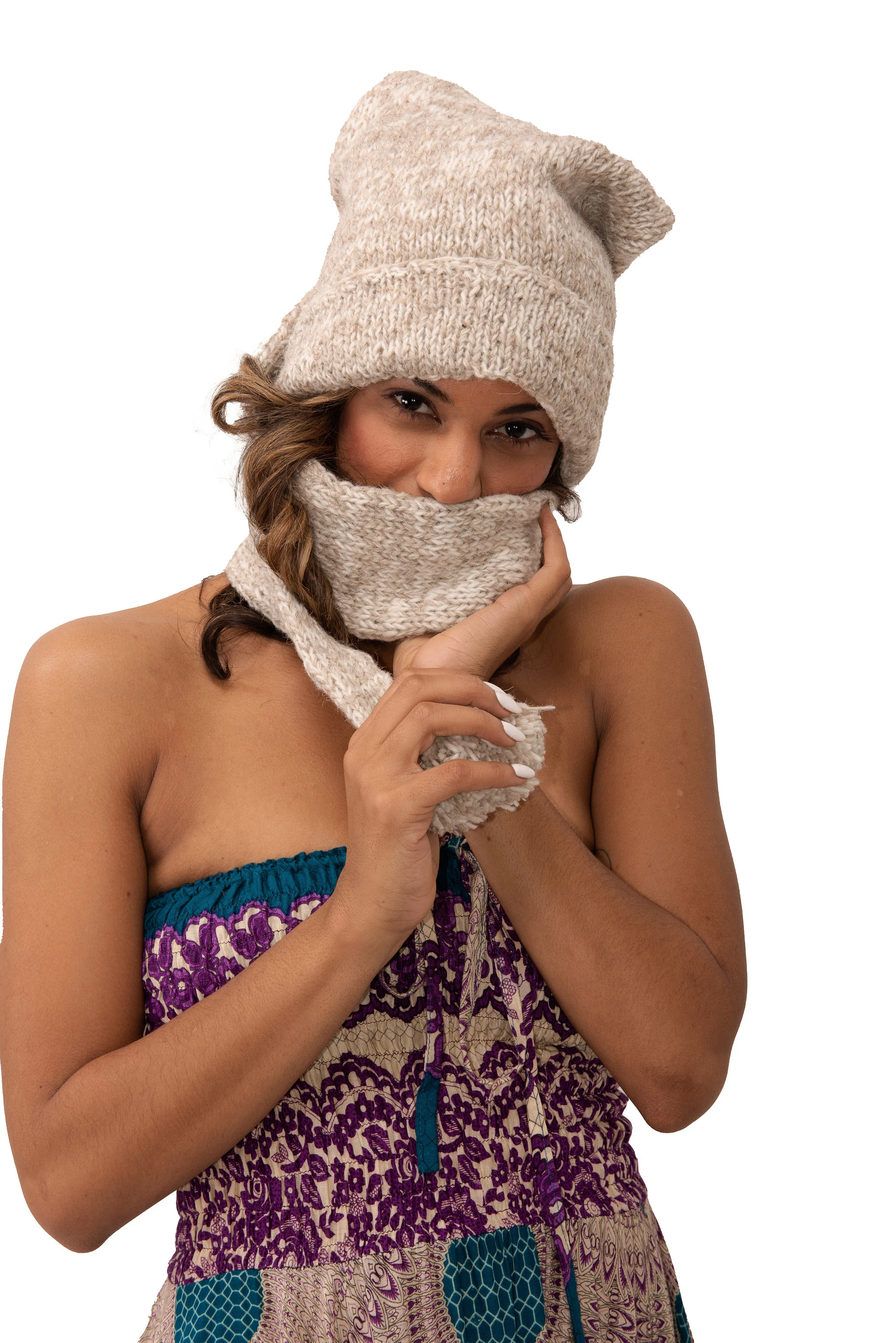 Hand Made 100% Merino Wool Long Tail Stocking Hat Scarves Combo Hooded Scarf Polar Fleece Lined Stocking Cap Hat and Winter Scarf Combo