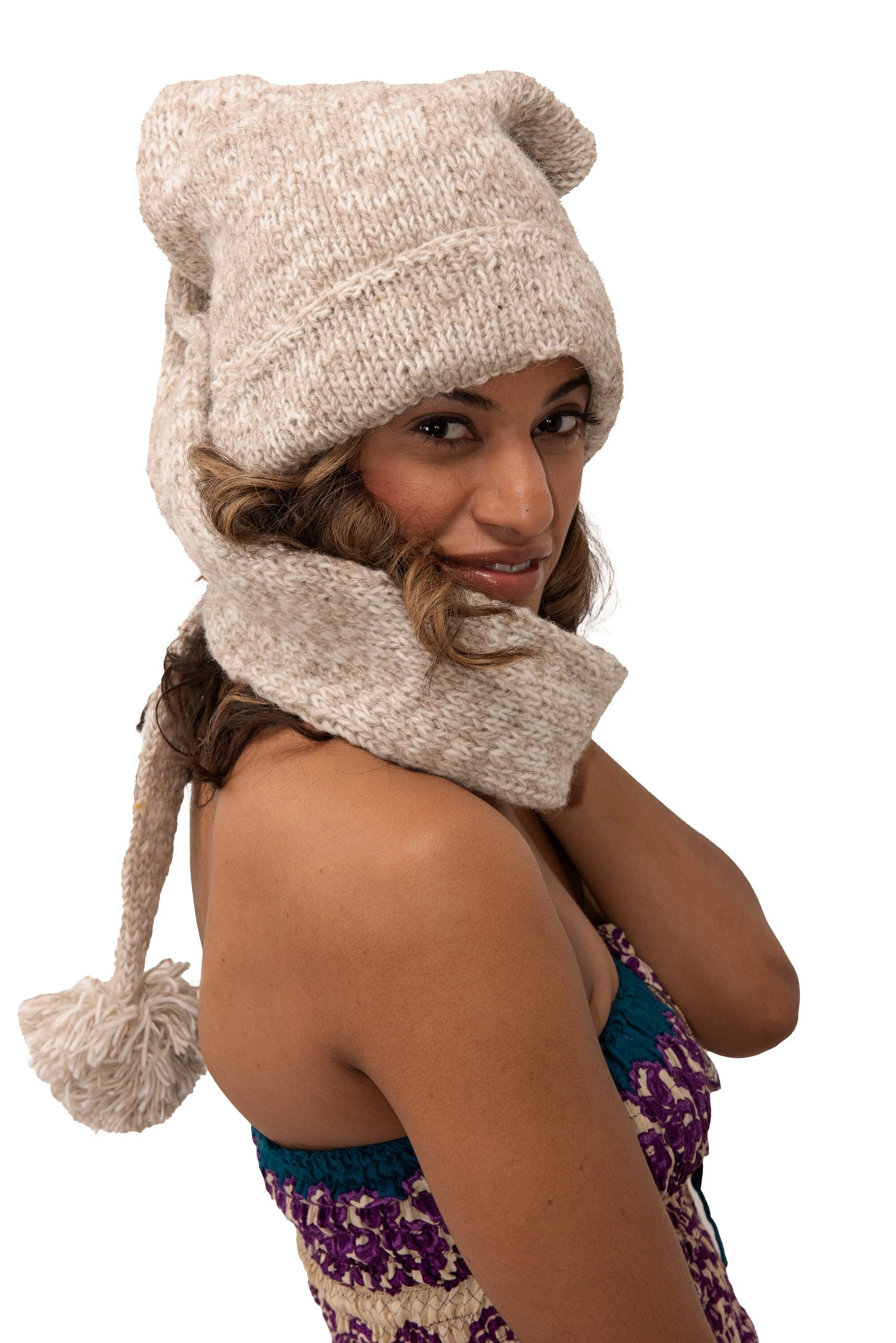 Hand Made 100% Merino Wool Long Tail Stocking Hat Scarves Combo Hooded Scarf Polar Fleece Lined Stocking Cap Hat and Winter Scarf Combo