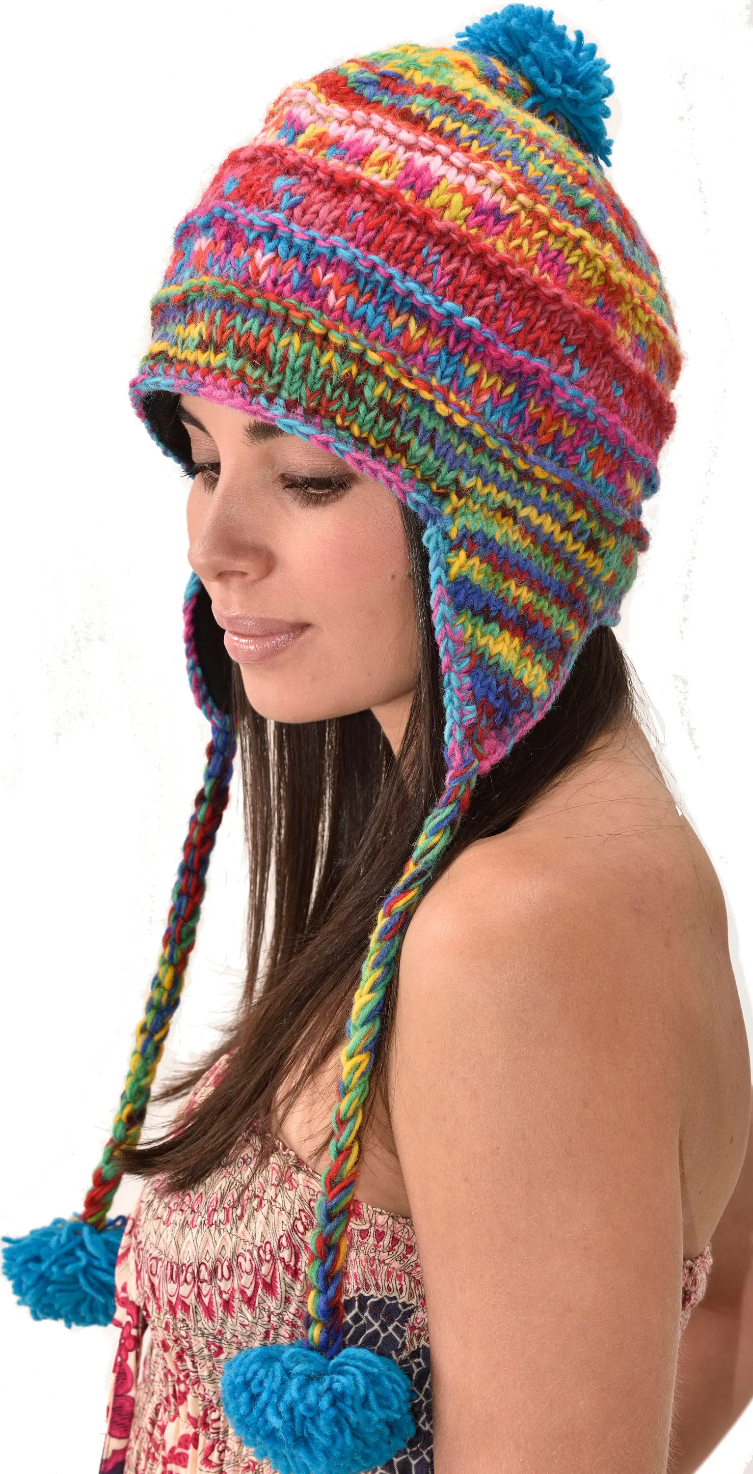 Hand Knitted 100% Merino Wool Snowboard Earflap Ski Peru Chullo Hat Nepalese Snowboard Polar Fleece Lined Hat Woolen Stocking Cap Sherpa Hat