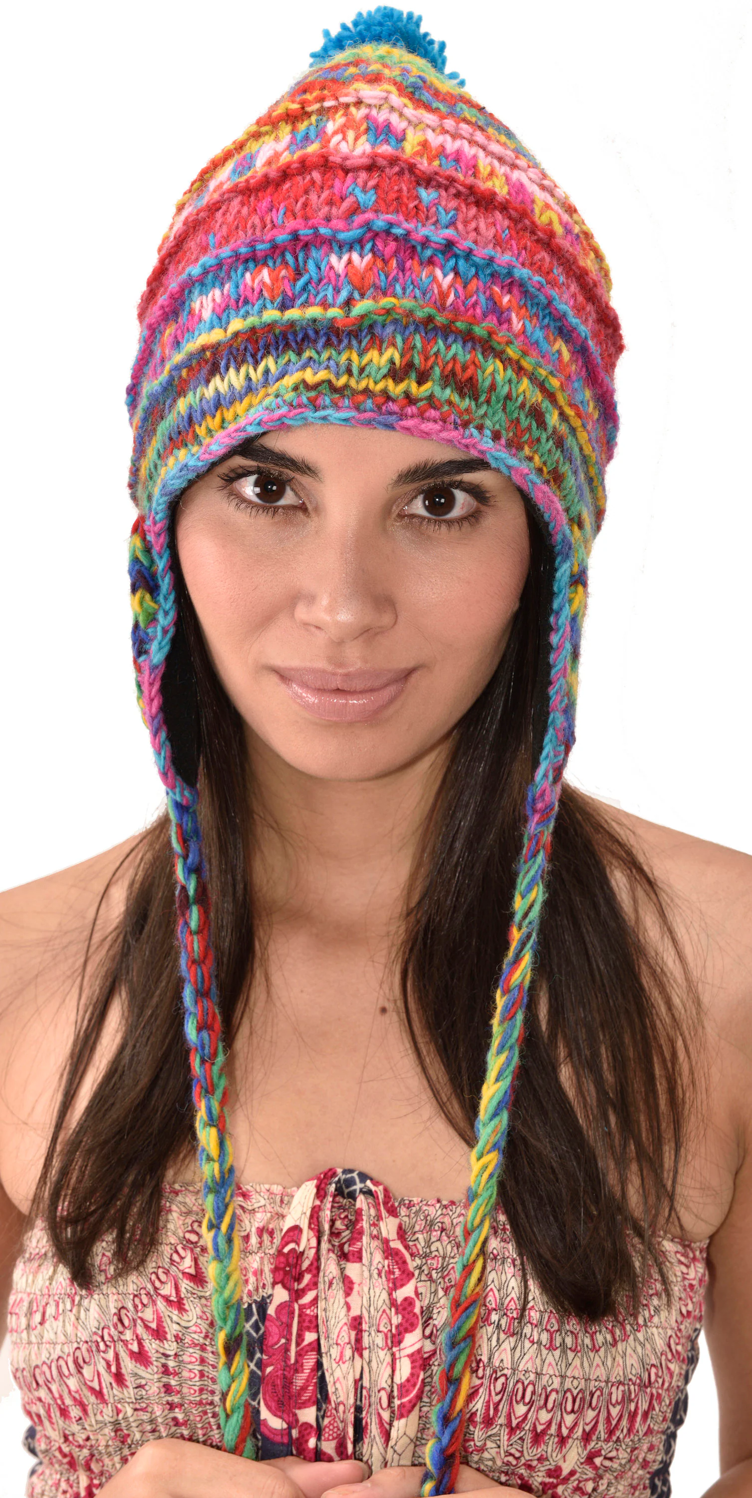 Hand Knitted 100% Merino Wool Snowboard Earflap Ski Peru Chullo Hat Nepalese Snowboard Polar Fleece Lined Hat Woolen Stocking Cap Sherpa Hat