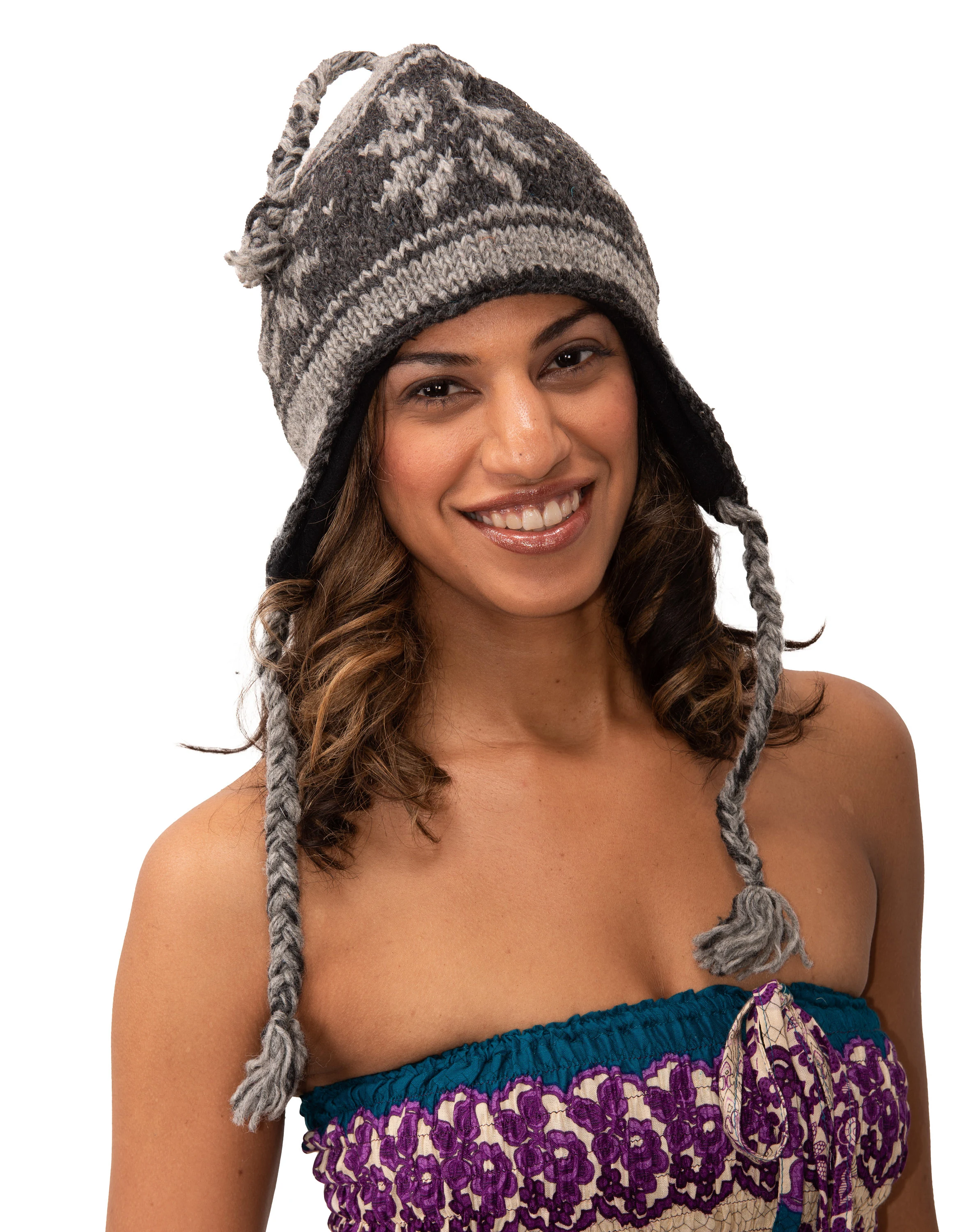 Hand Knitted 100% Merino Wool Snowboard Earflap Ski Peru Chullo Hat Nepalese Snowboard Polar Fleece Lined Hat Woolen Stocking Cap Sherpa Hat