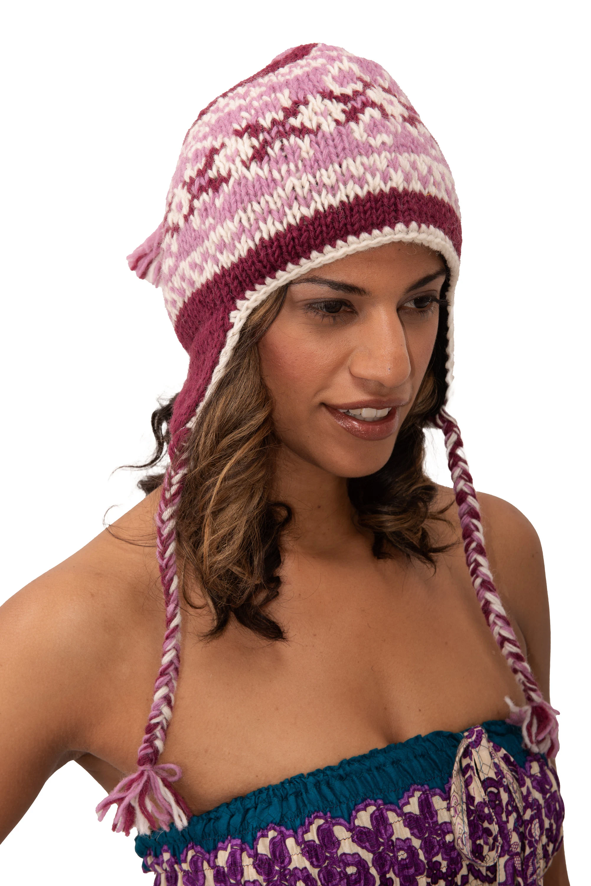 Hand Knitted 100% Merino Wool Snowboard Earflap Ski Peru Chullo Hat Nepalese Snowboard Polar Fleece Lined Hat Woolen Stocking Cap Sherpa Hat