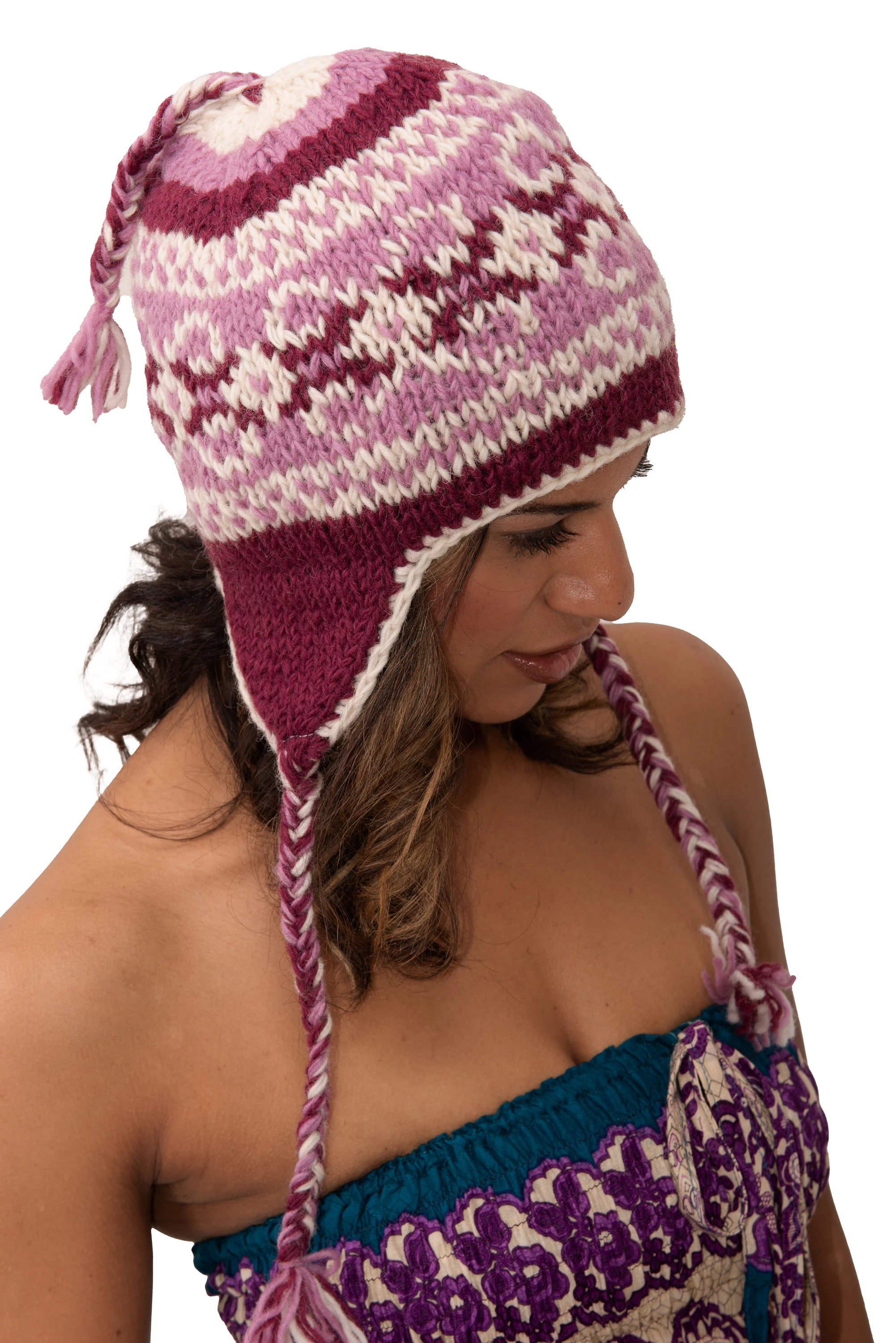 Hand Knitted 100% Merino Wool Snowboard Earflap Ski Peru Chullo Hat Nepalese Snowboard Polar Fleece Lined Hat Woolen Stocking Cap Sherpa Hat