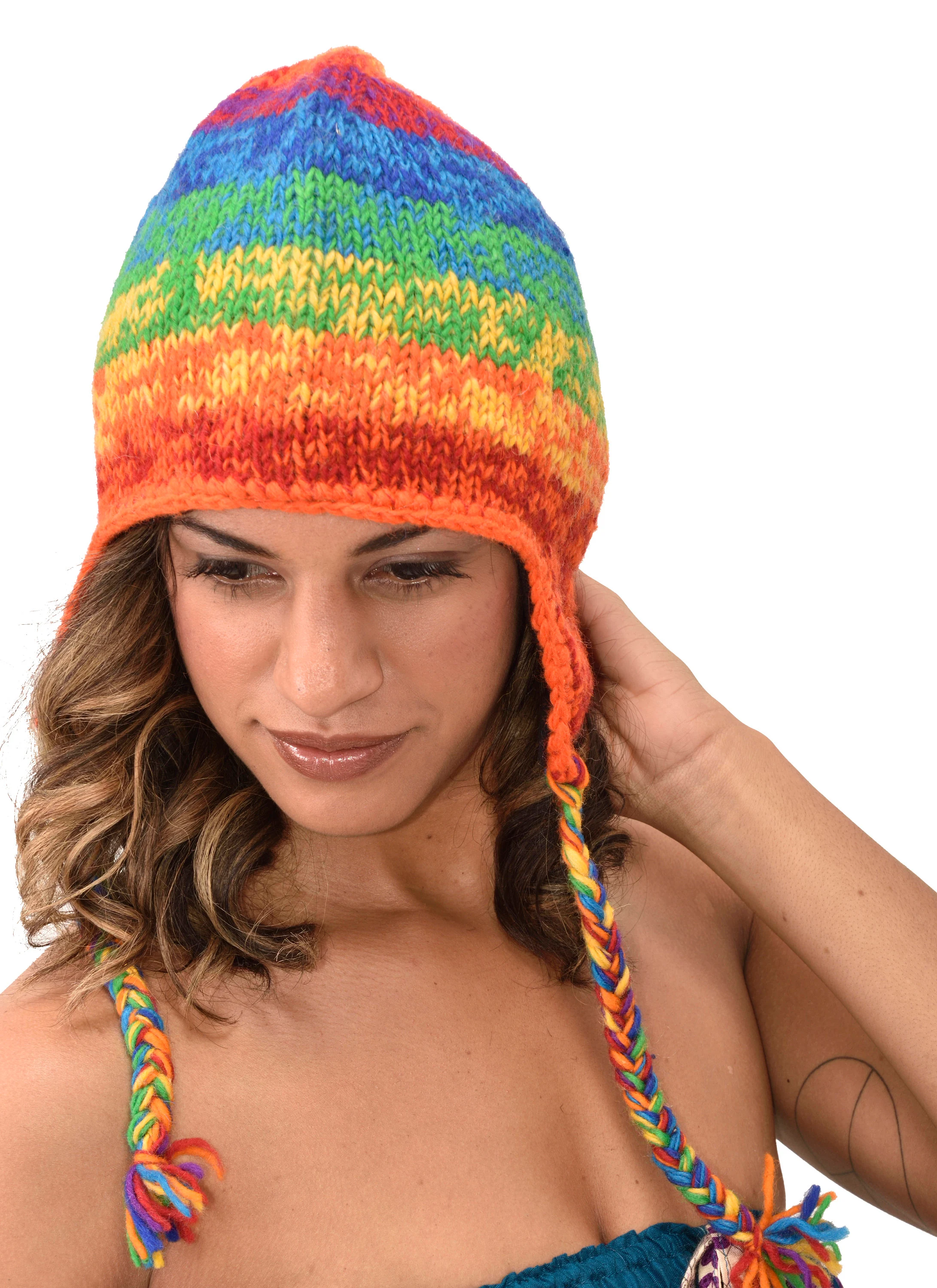 Hand Knitted 100% Merino Wool Snowboard Earflap Ski Peru Chullo Hat Nepalese Snowboard Polar Fleece Lined Hat Woolen Stocking Cap Sherpa Hat