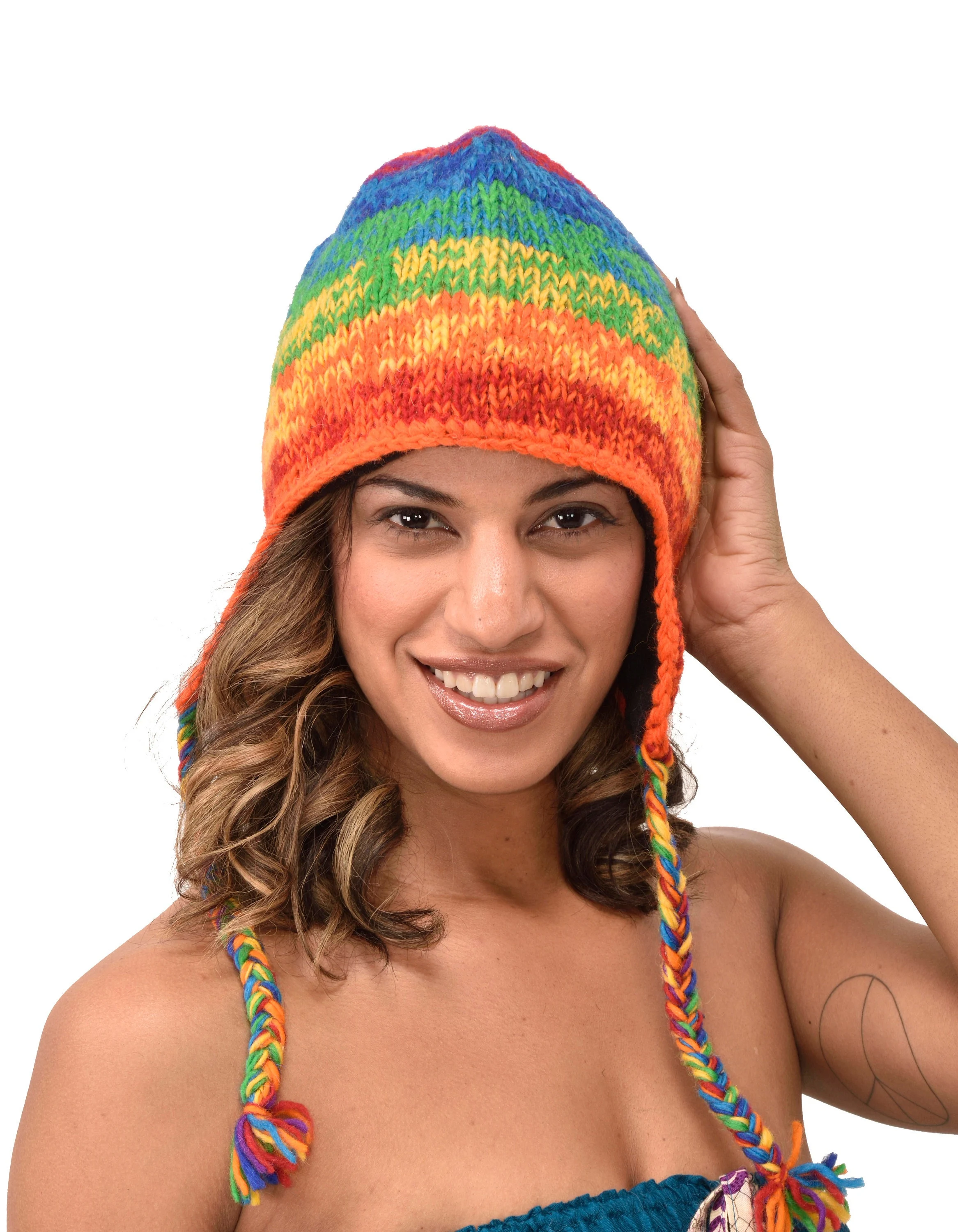 Hand Knitted 100% Merino Wool Snowboard Earflap Ski Peru Chullo Hat Nepalese Snowboard Polar Fleece Lined Hat Woolen Stocking Cap Sherpa Hat