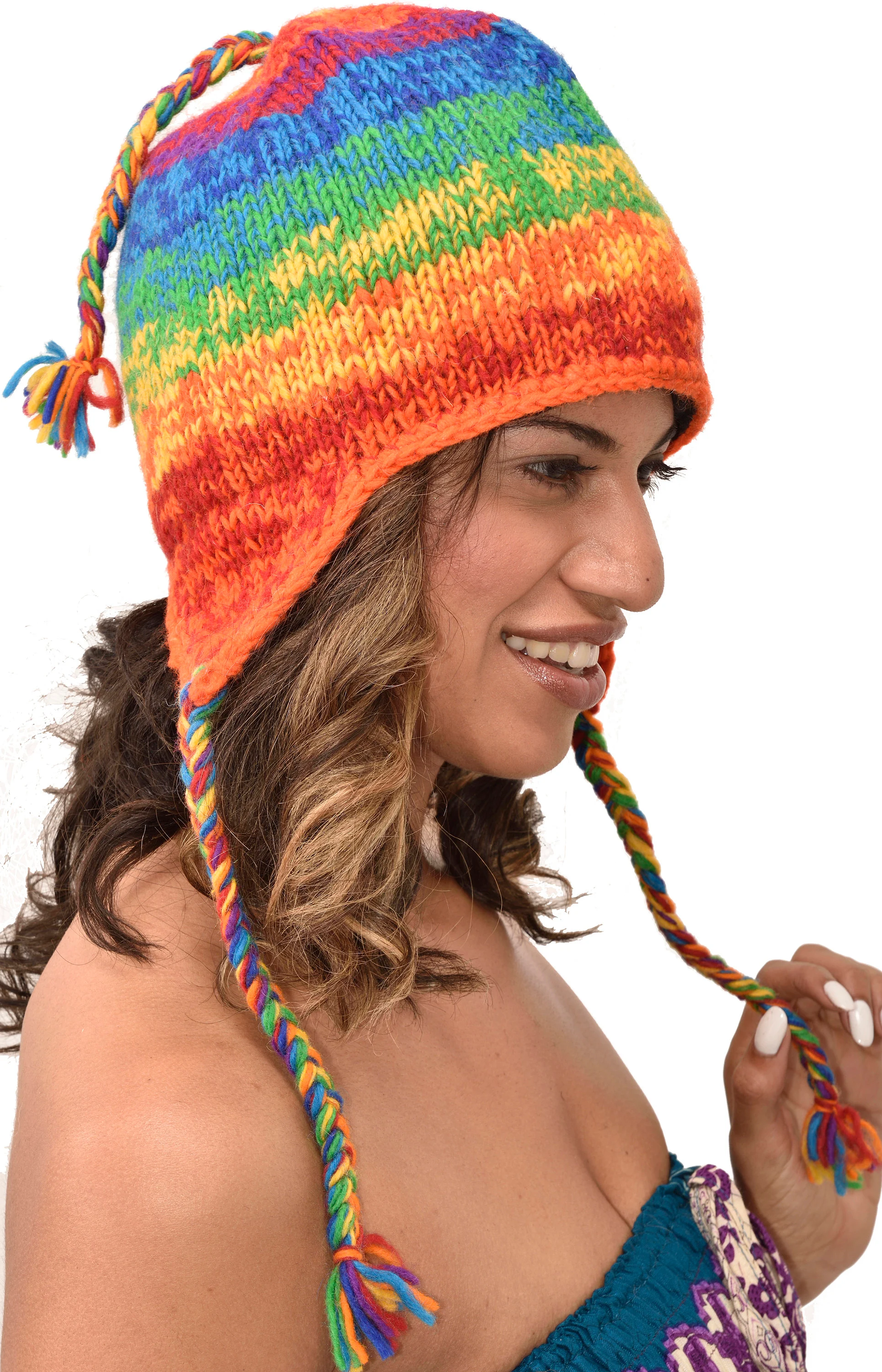 Hand Knitted 100% Merino Wool Snowboard Earflap Ski Peru Chullo Hat Nepalese Snowboard Polar Fleece Lined Hat Woolen Stocking Cap Sherpa Hat