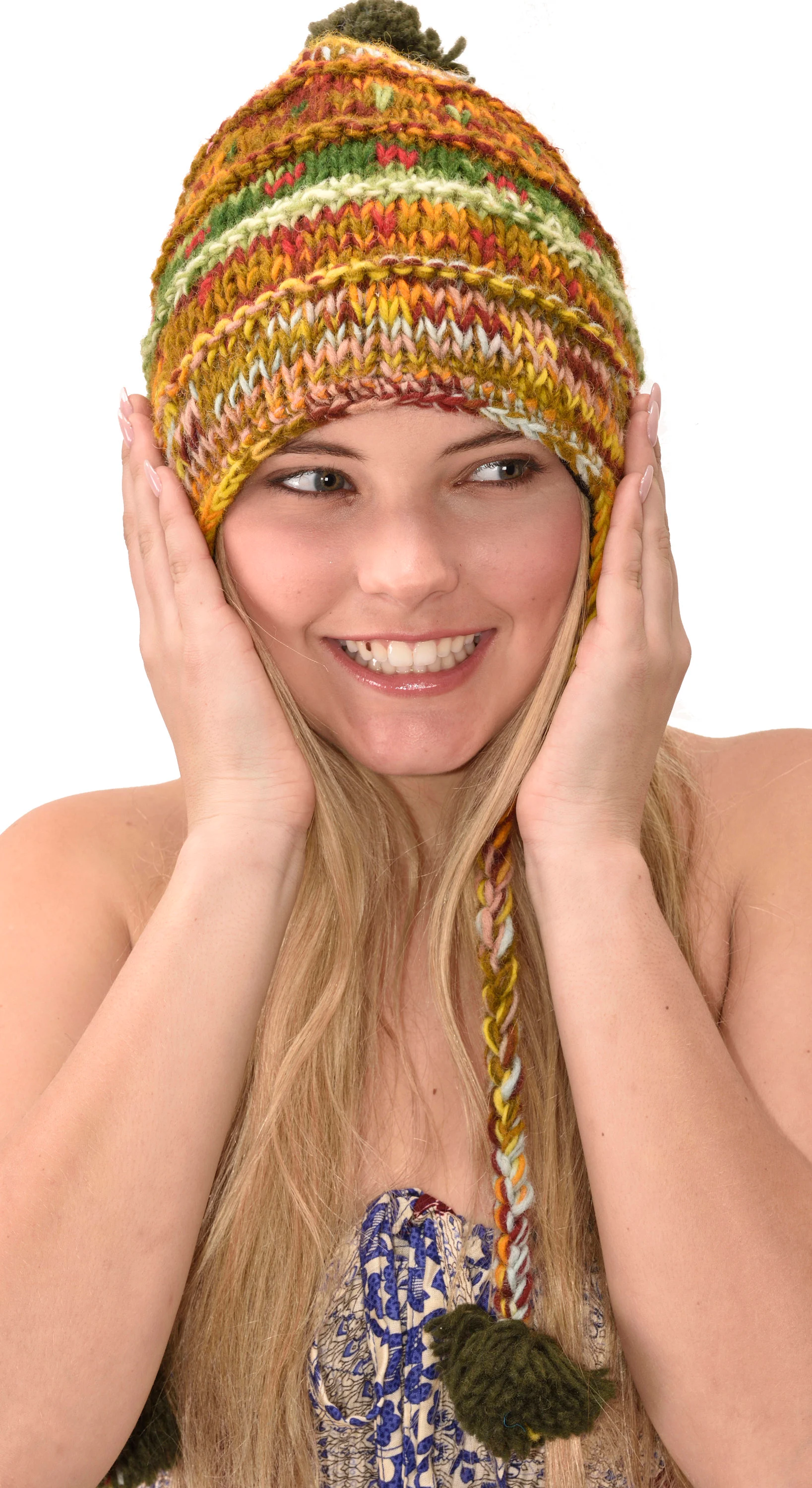 Hand Knitted 100% Merino Wool Snowboard Earflap Ski Peru Chullo Hat Nepalese Snowboard Polar Fleece Lined Hat Woolen Stocking Cap Sherpa Hat