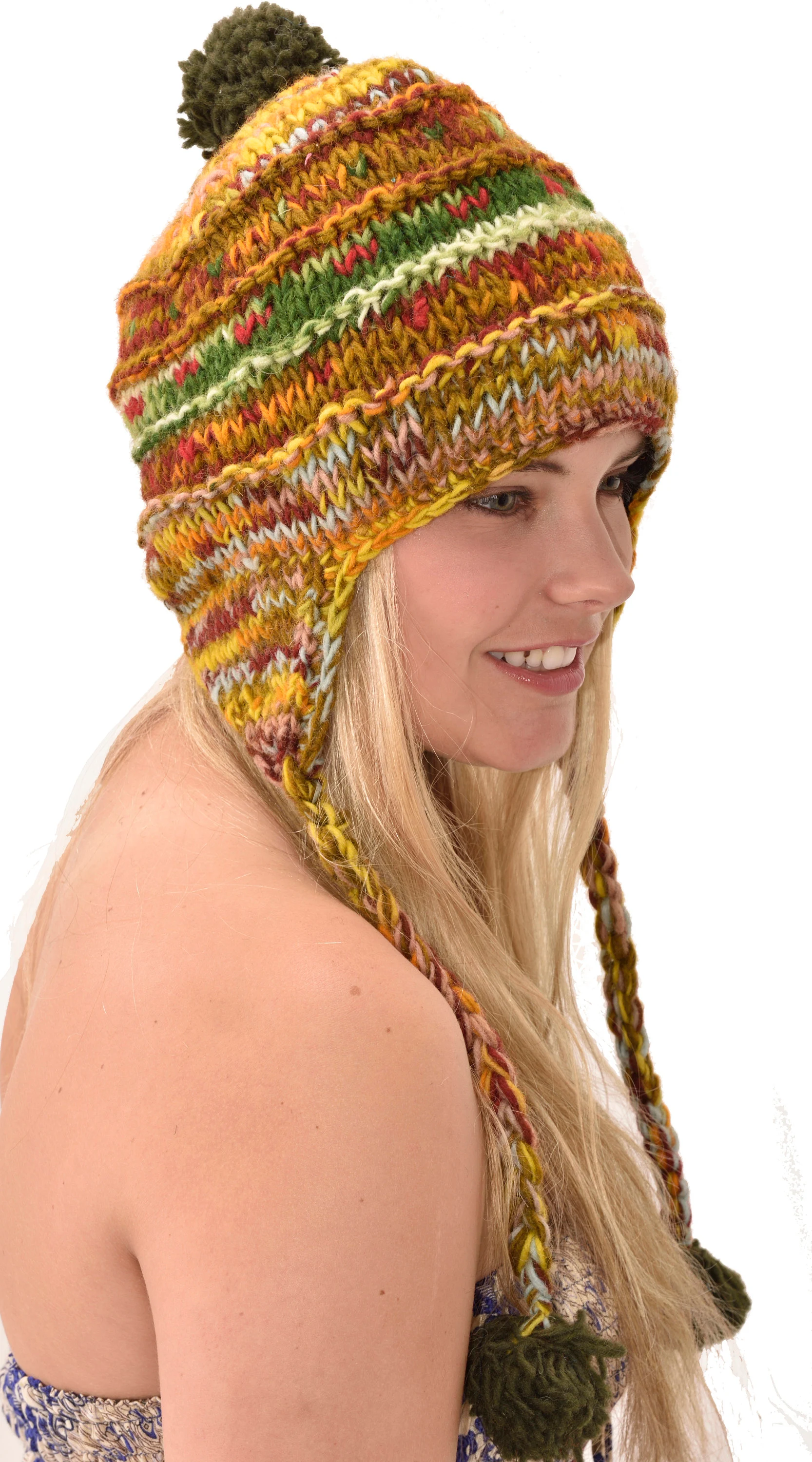 Hand Knitted 100% Merino Wool Snowboard Earflap Ski Peru Chullo Hat Nepalese Snowboard Polar Fleece Lined Hat Woolen Stocking Cap Sherpa Hat