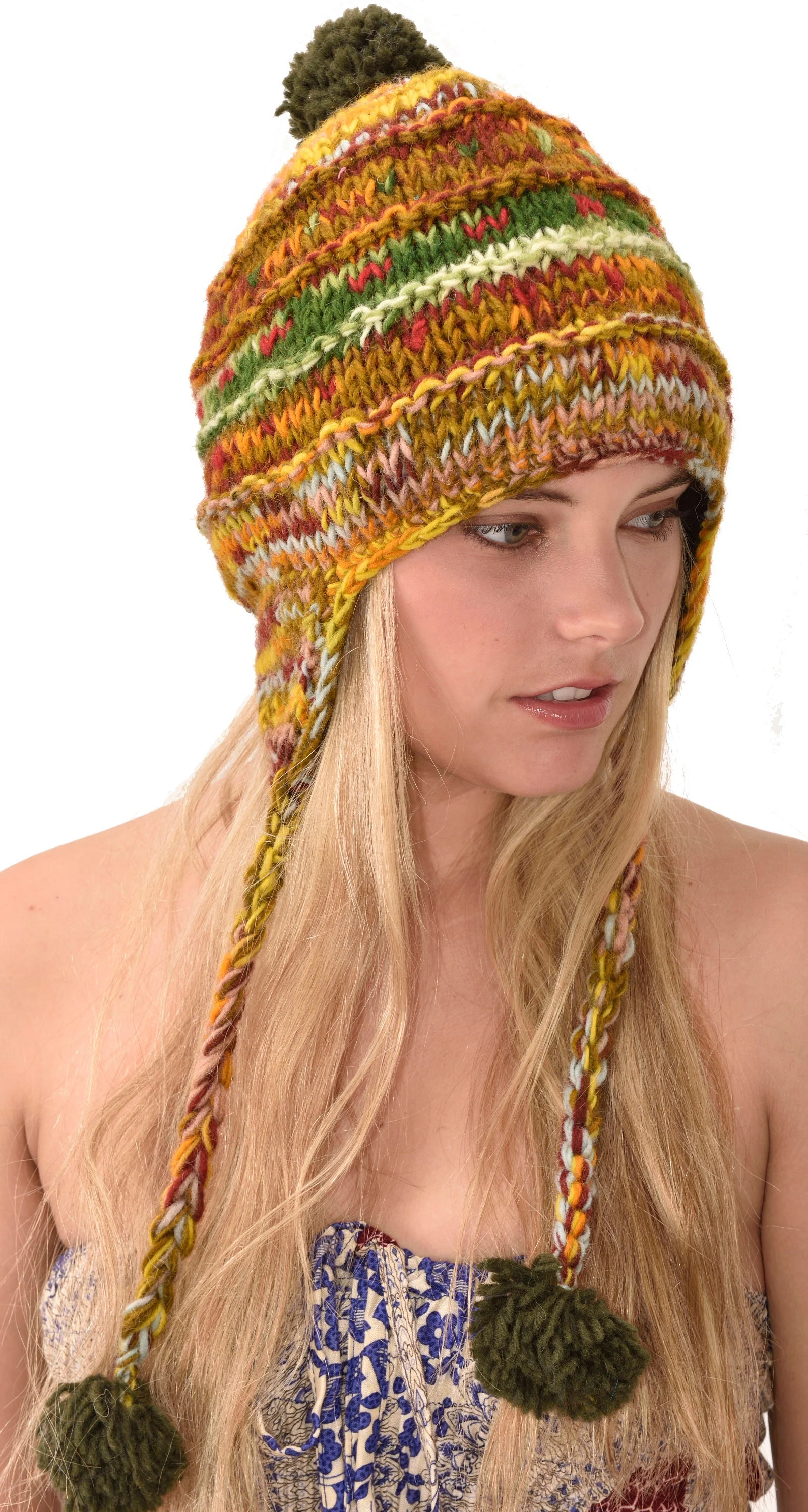 Hand Knitted 100% Merino Wool Snowboard Earflap Ski Peru Chullo Hat Nepalese Snowboard Polar Fleece Lined Hat Woolen Stocking Cap Sherpa Hat