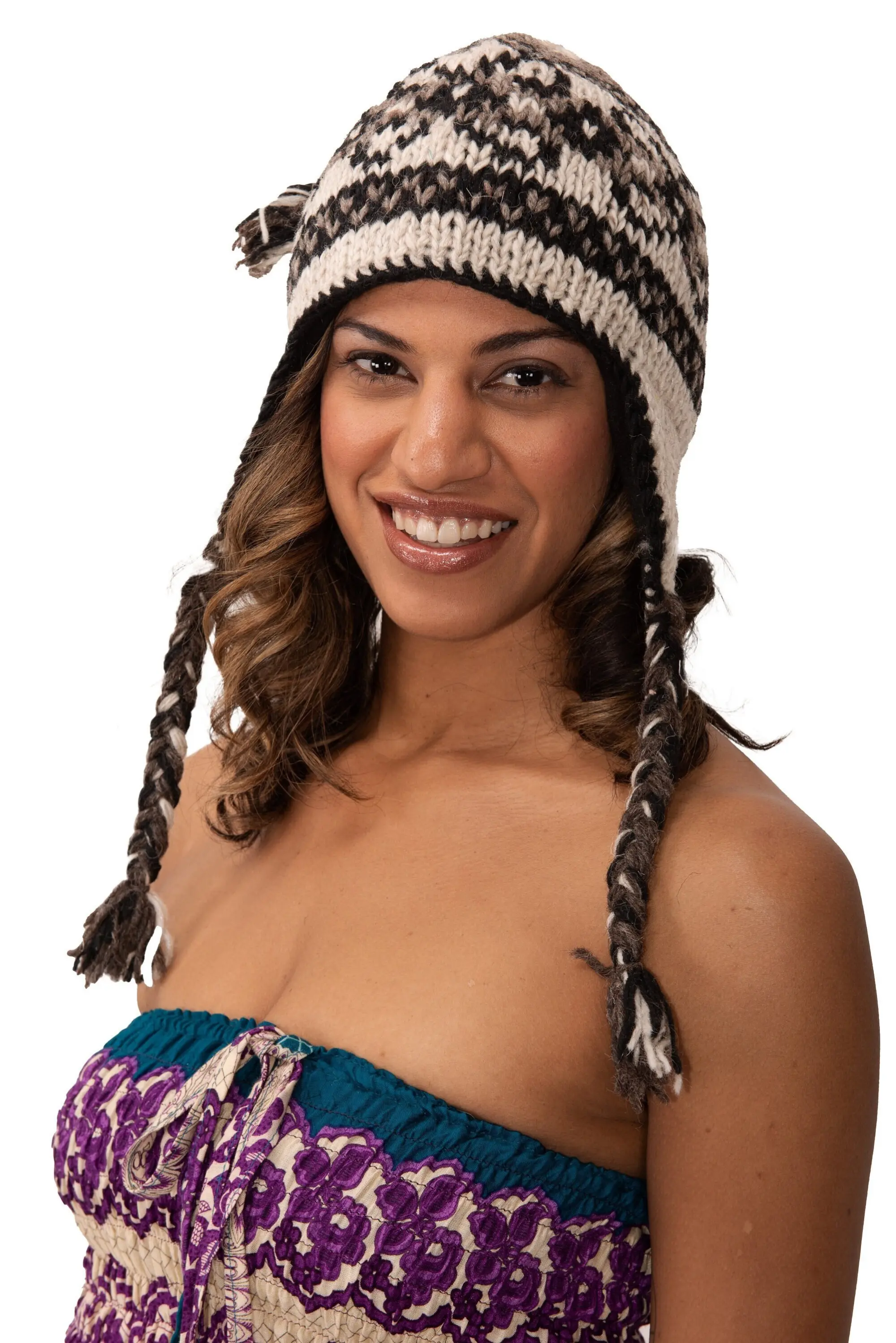 Hand Knitted 100% Merino Wool Ear flap Snowboard Ski Chullo Peruvian style Nepal Himalayan Sherpa Earflap Fleece lined Winter Beanie Hat