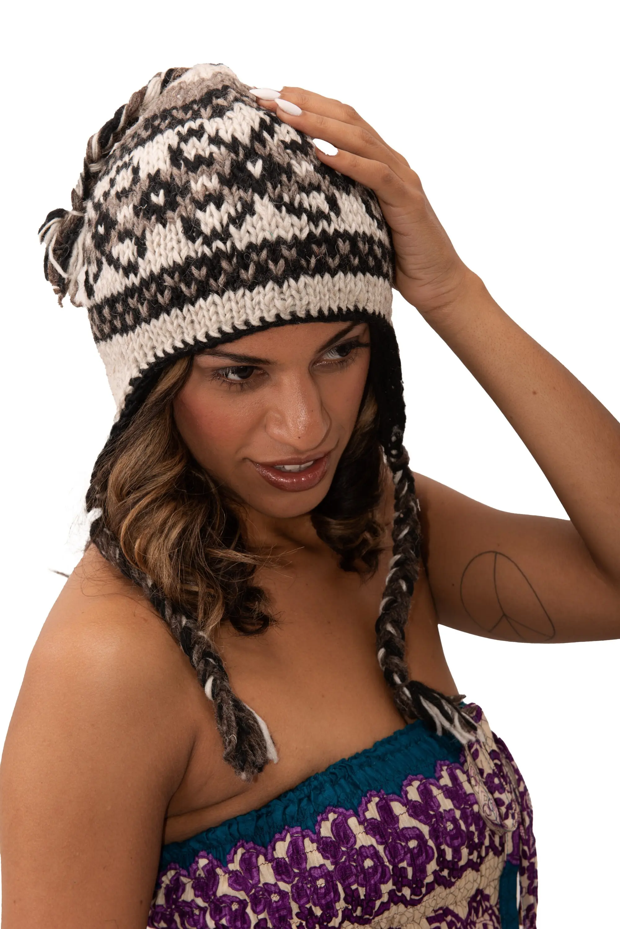 Hand Knitted 100% Merino Wool Ear flap Snowboard Ski Chullo Peruvian style Nepal Himalayan Sherpa Earflap Fleece lined Winter Beanie Hat