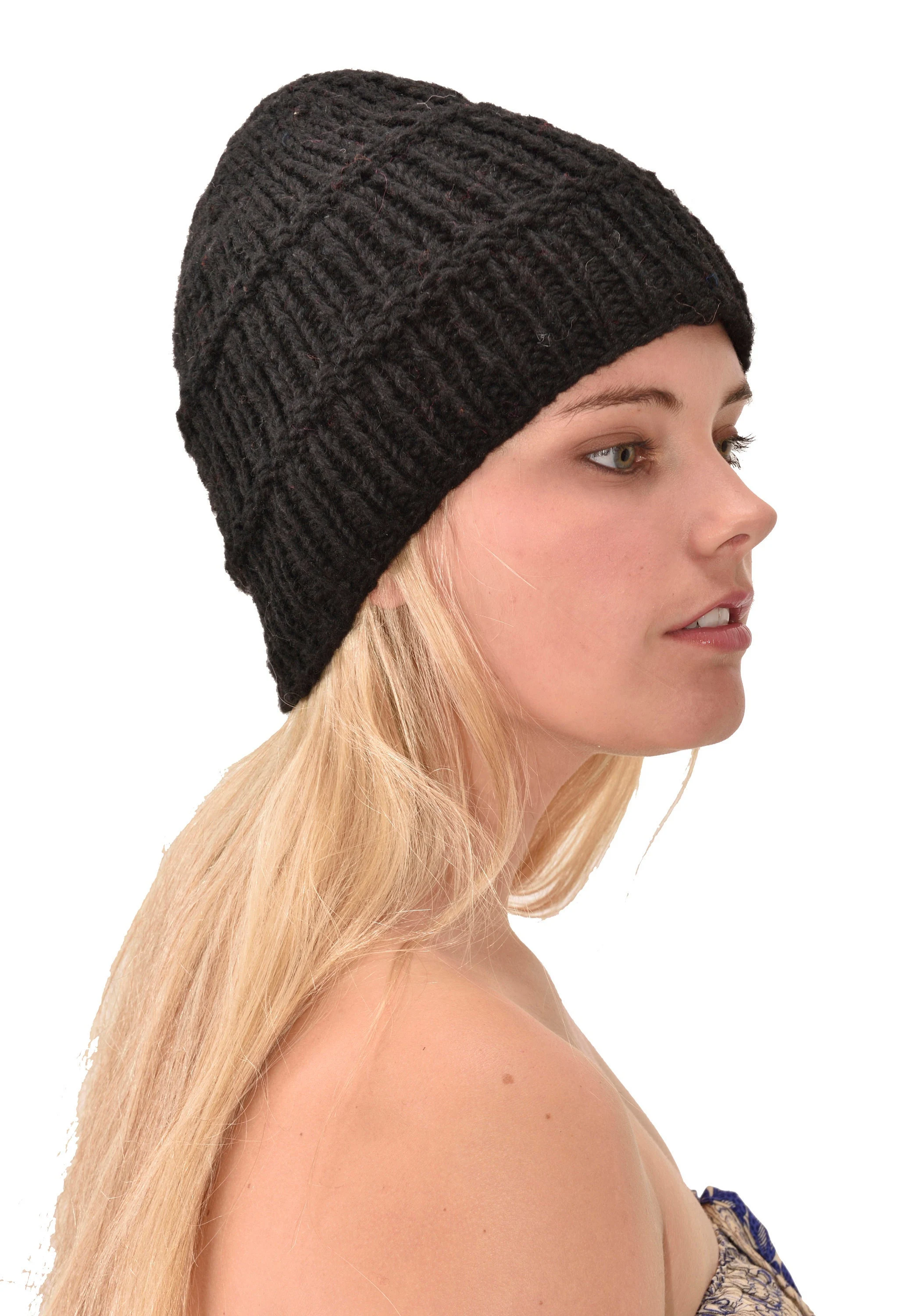 Hand Knitted100% Merino Wool Snowboard Ski Himalayan Nepal Slouchy Beanie Polar Fleece Lined Woolen Stocking Cap Womens Winter Hat