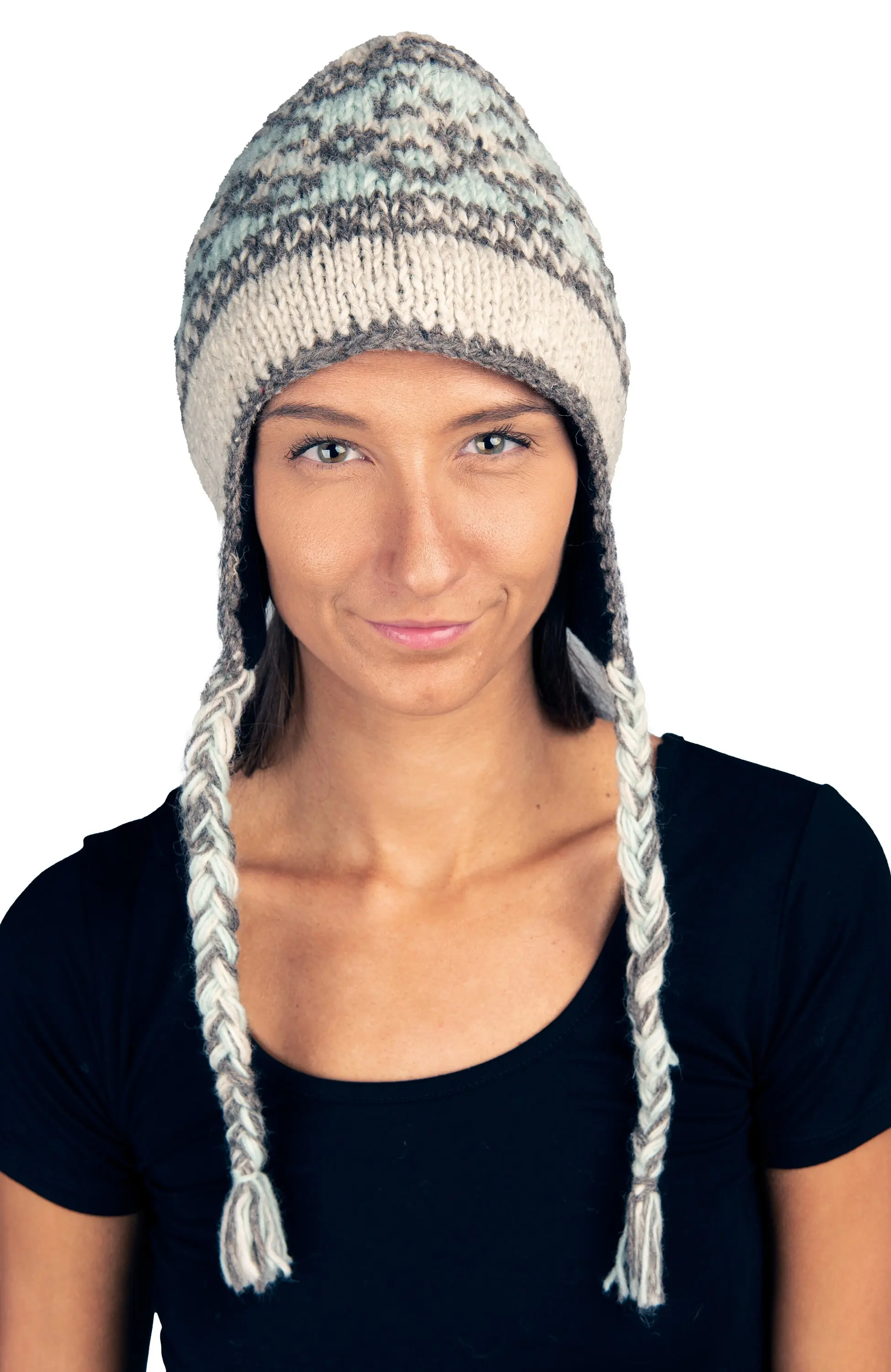 Hand Knitted 100% Merino Wool Snowboard Earflap Ski Peru Chullo Hat Nepalese Snowboard Polar Fleece Lined Hat Woolen Stocking Cap Sherpa Hat