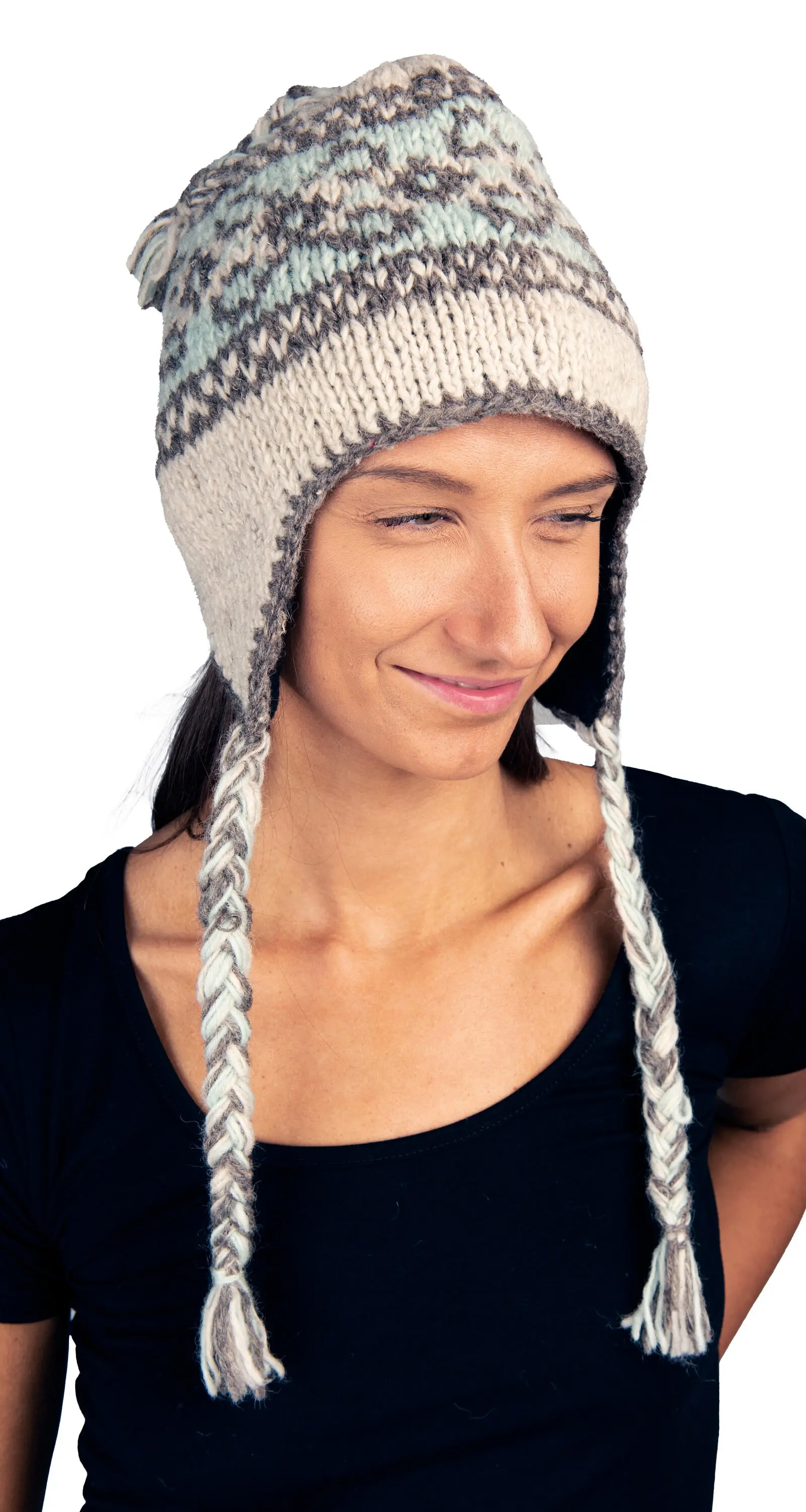 Hand Knitted 100% Merino Wool Snowboard Earflap Ski Peru Chullo Hat Nepalese Snowboard Polar Fleece Lined Hat Woolen Stocking Cap Sherpa Hat