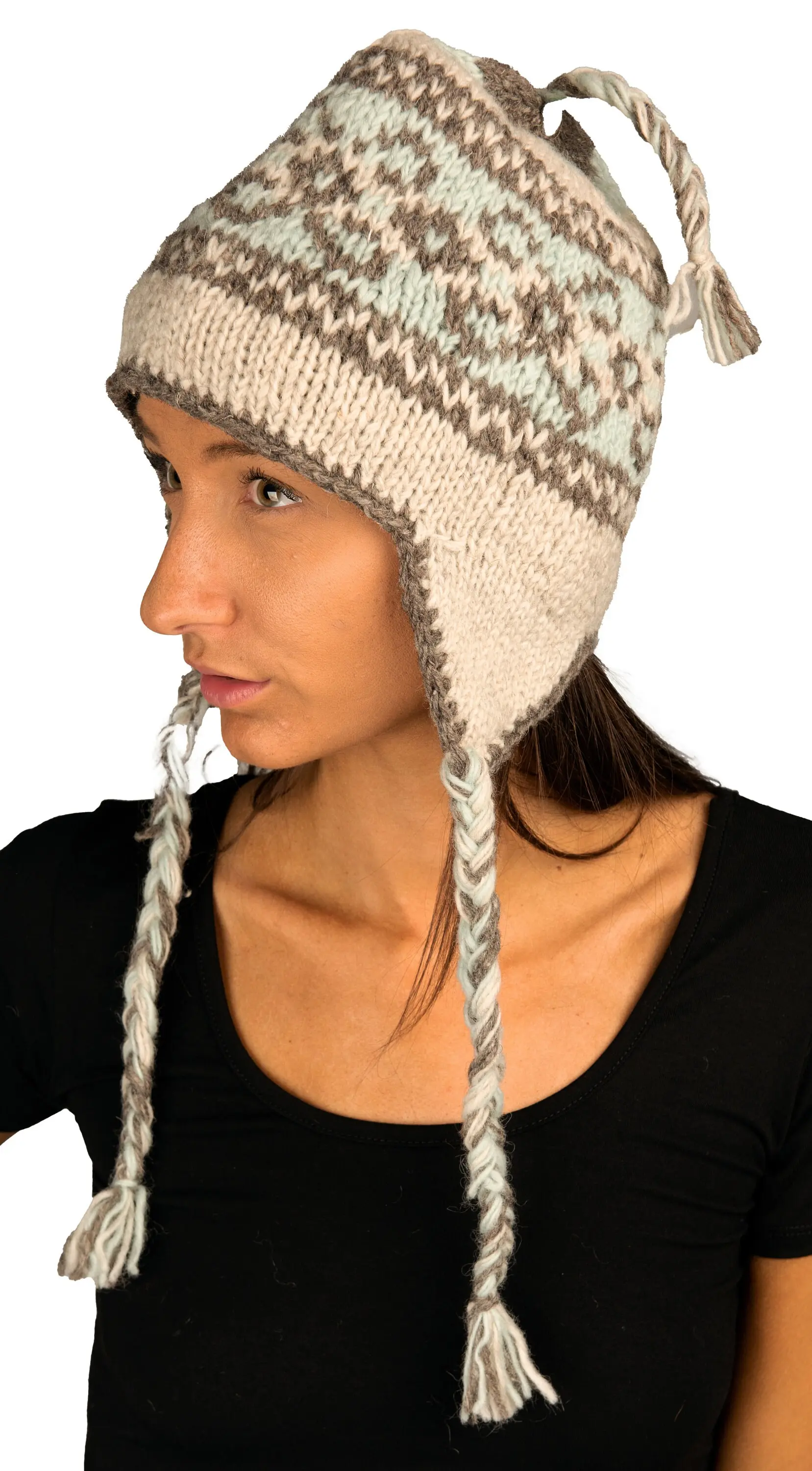 Hand Knitted 100% Merino Wool Snowboard Earflap Ski Peru Chullo Hat Nepalese Snowboard Polar Fleece Lined Hat Woolen Stocking Cap Sherpa Hat