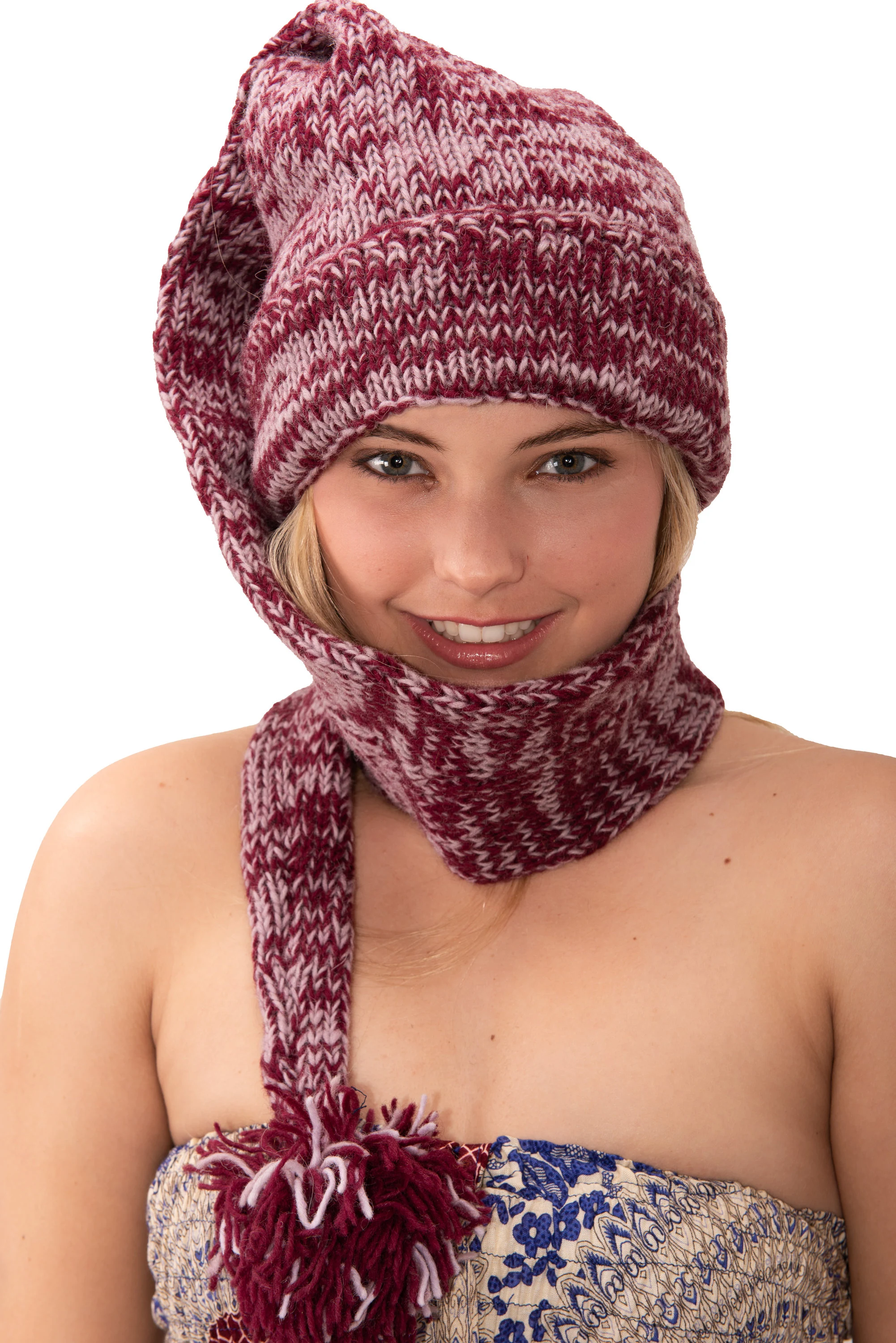 Hand Made 100% Merino Wool Long Tail Stocking Hat Scarves Combo Hooded Scarf Polar Fleece Lined Stocking Cap Hat and Winter Scarf Combo