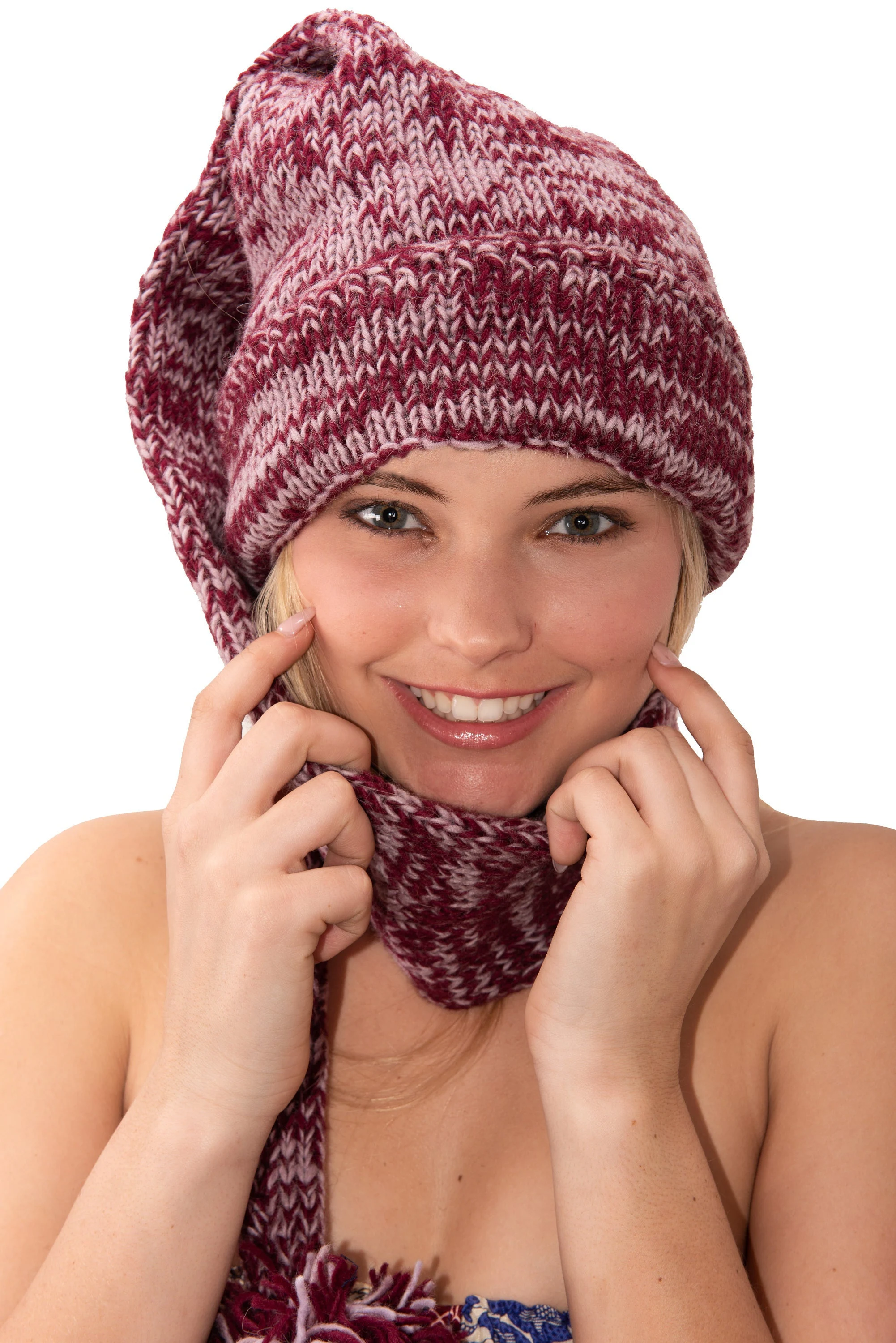 Hand Made 100% Merino Wool Long Tail Stocking Hat Scarves Combo Hooded Scarf Polar Fleece Lined Stocking Cap Hat and Winter Scarf Combo