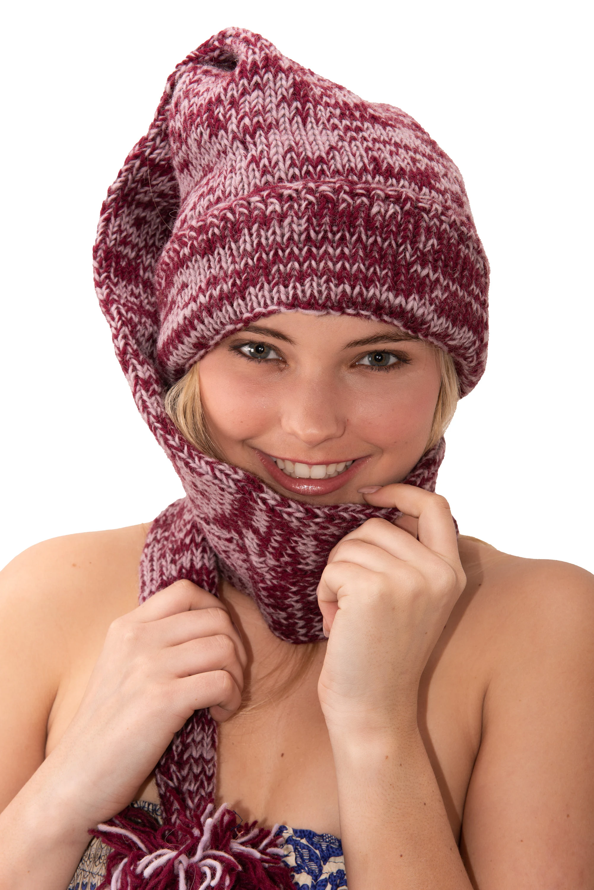 Hand Made 100% Merino Wool Long Tail Stocking Hat Scarves Combo Hooded Scarf Polar Fleece Lined Stocking Cap Hat and Winter Scarf Combo