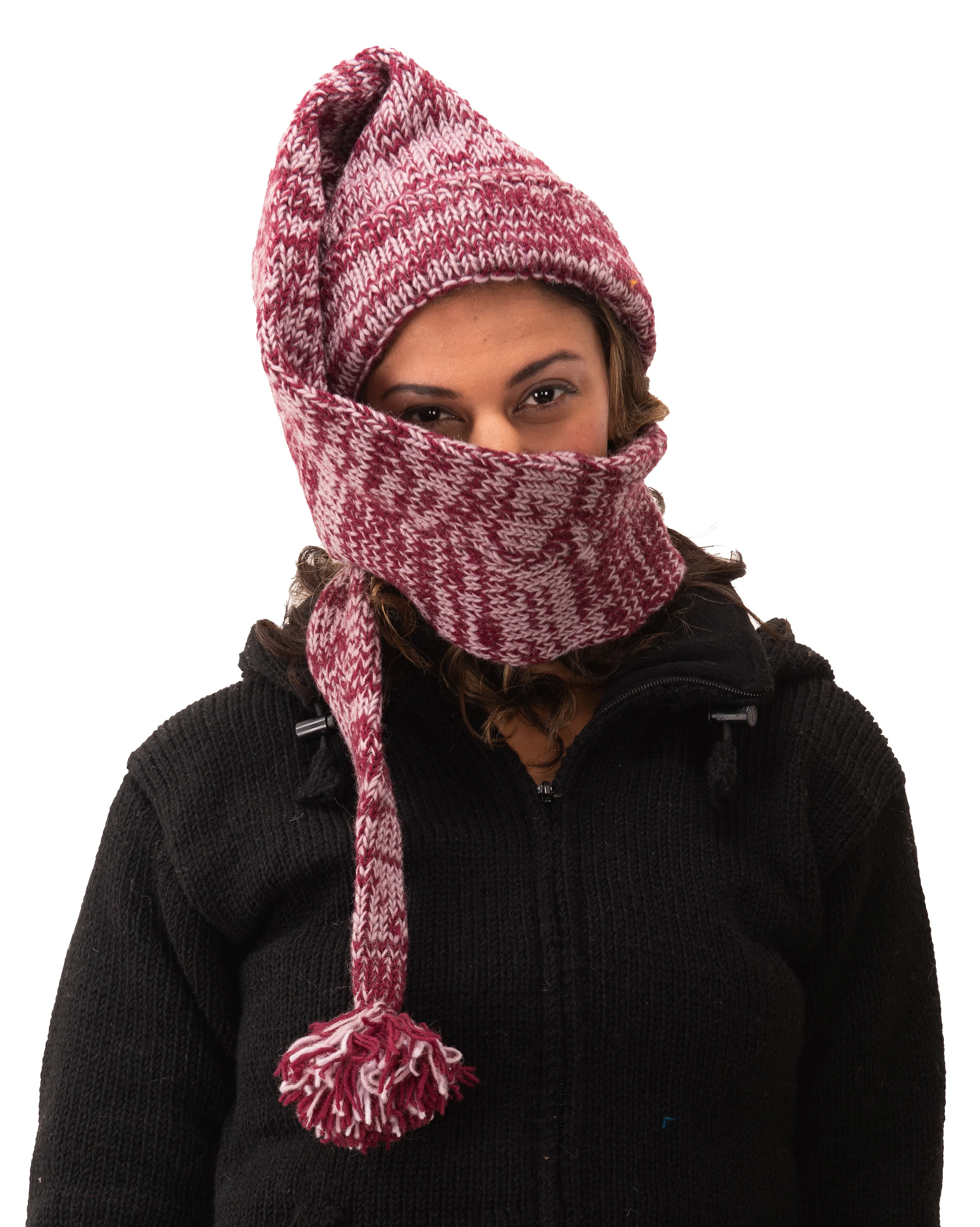 Hand Made 100% Merino Wool Long Tail Stocking Hat Scarves Combo Hooded Scarf Polar Fleece Lined Stocking Cap Hat and Winter Scarf Combo