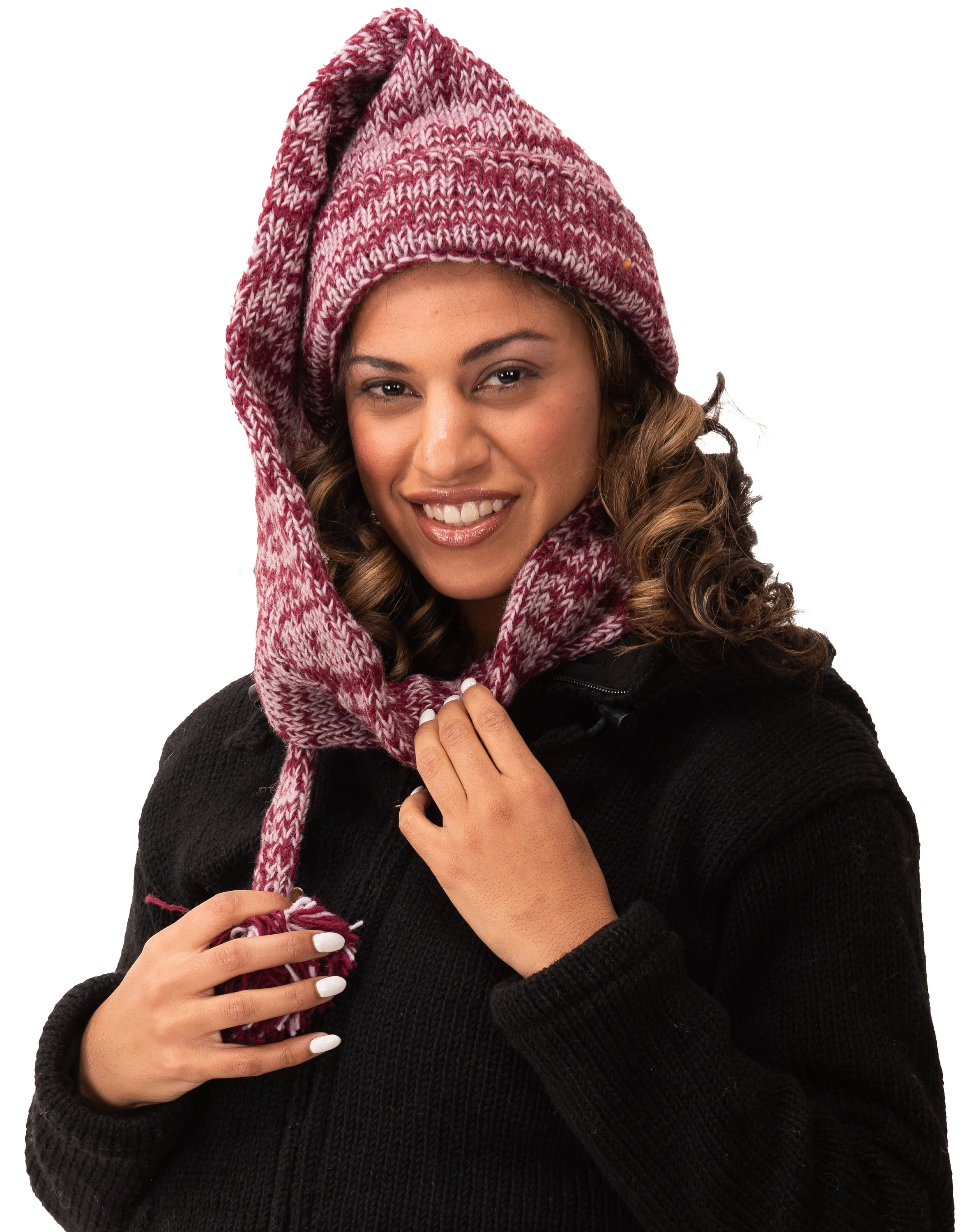 Hand Made 100% Merino Wool Long Tail Stocking Hat Scarves Combo Hooded Scarf Polar Fleece Lined Stocking Cap Hat and Winter Scarf Combo