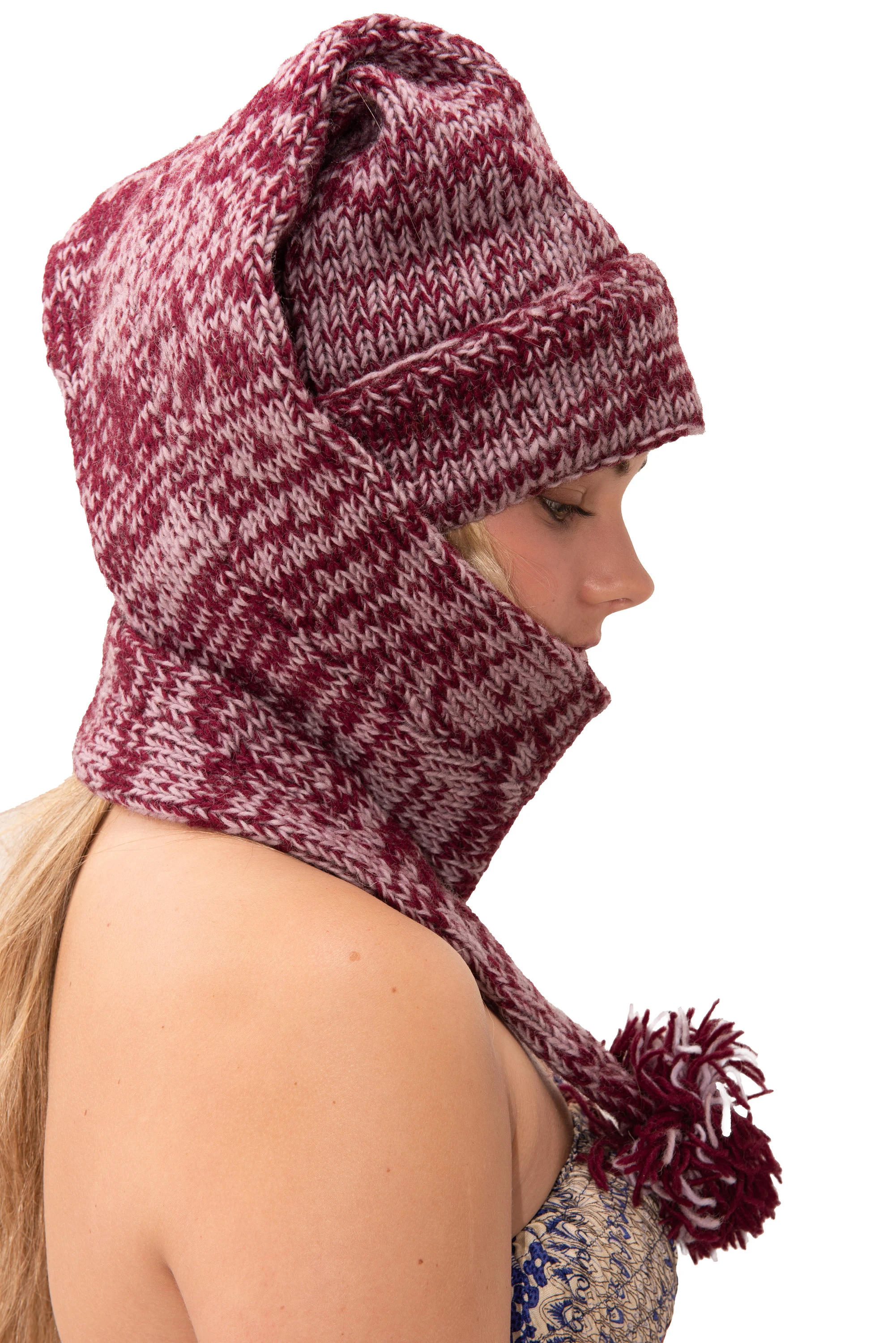 Hand Made 100% Merino Wool Long Tail Stocking Hat Scarves Combo Hooded Scarf Polar Fleece Lined Stocking Cap Hat and Winter Scarf Combo