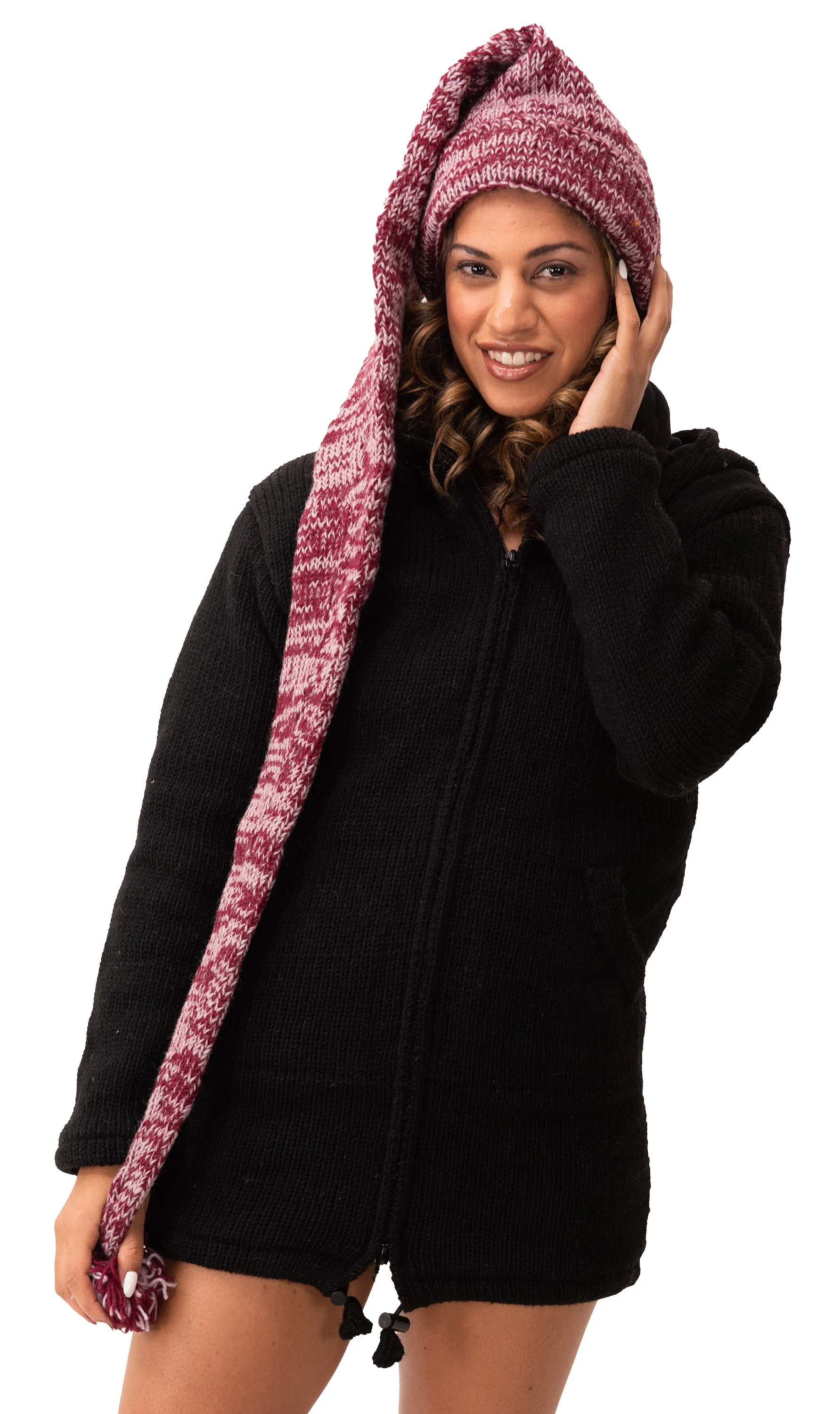 Hand Made 100% Merino Wool Long Tail Stocking Hat Scarves Combo Hooded Scarf Polar Fleece Lined Stocking Cap Hat and Winter Scarf Combo