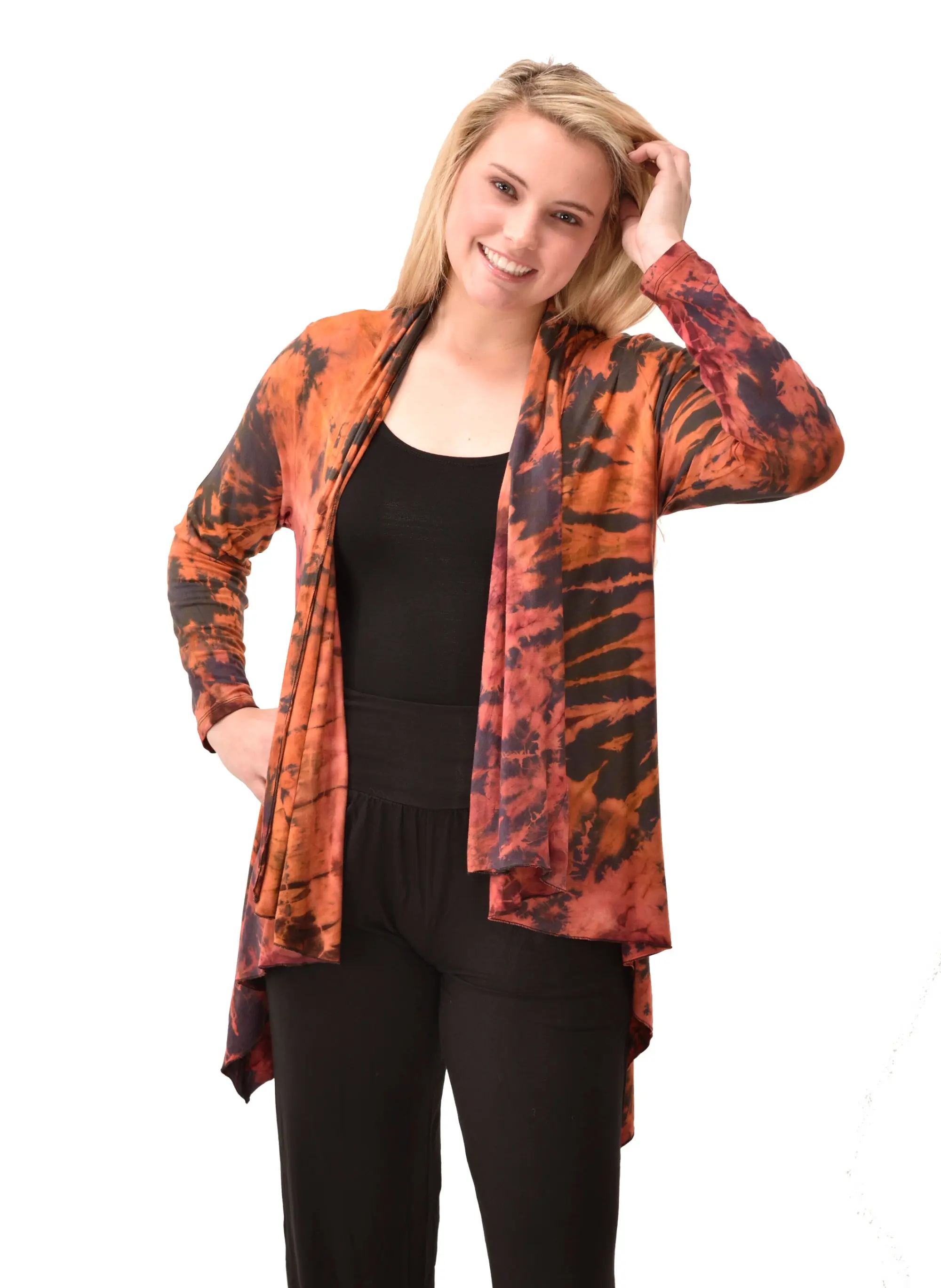 Top Cardigan Kimono style blouse Mudmee Ikat reverse style Tie-Dye on silky soft high end Spandex Rayon blended machine washable fabric