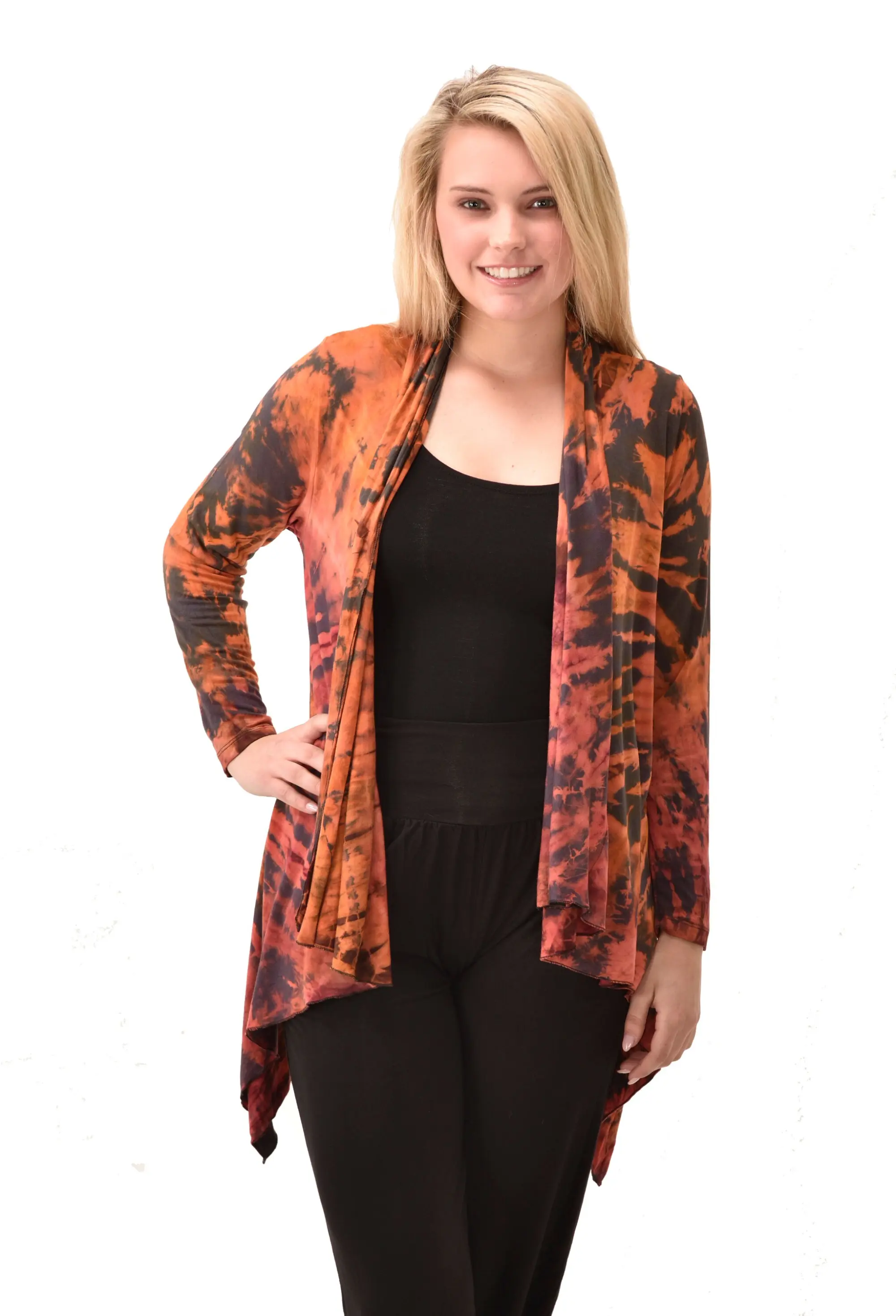 Top Cardigan Kimono style blouse Mudmee Ikat reverse style Tie-Dye on silky soft high end Spandex Rayon blended machine washable fabric