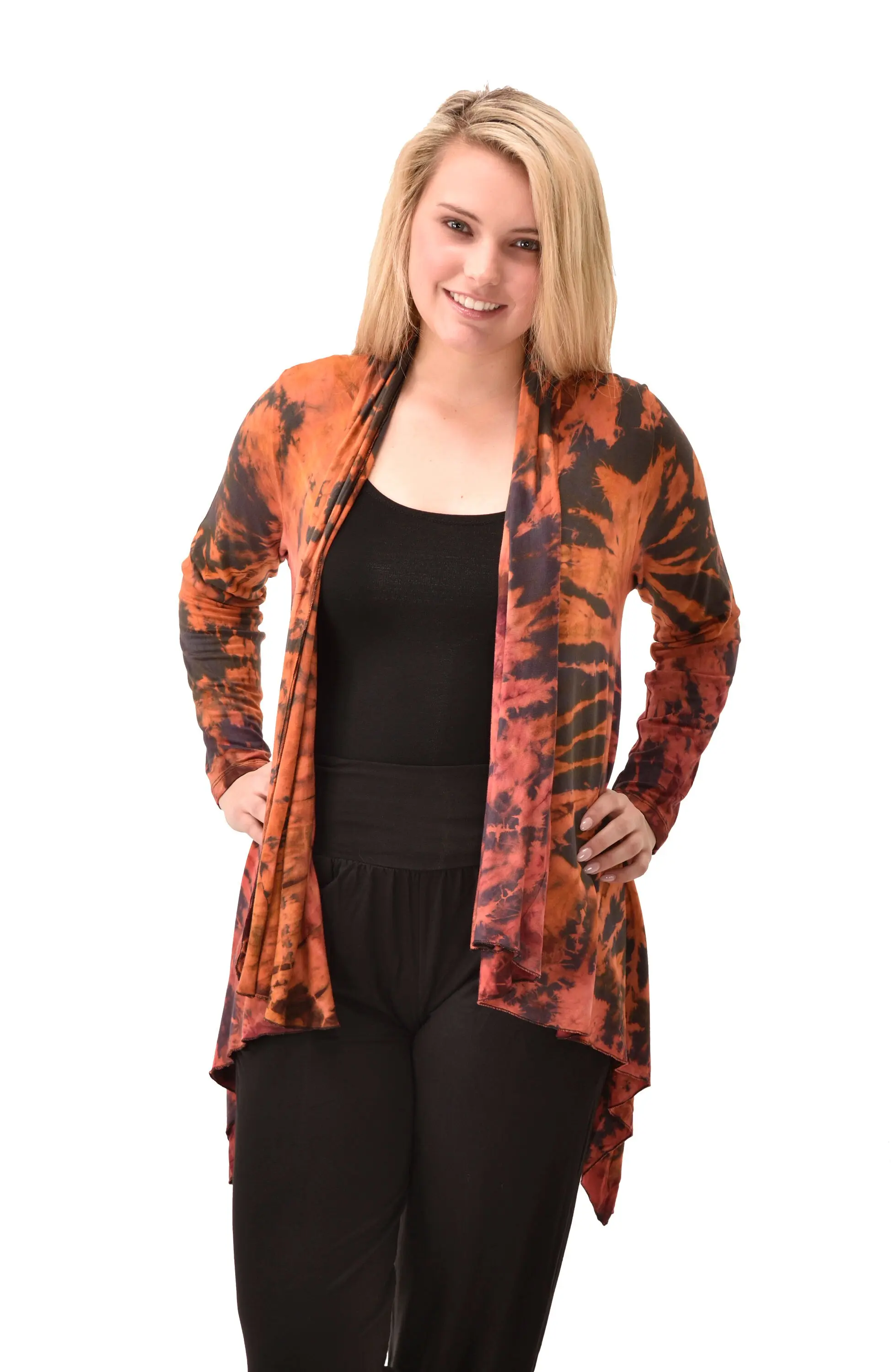 Top Cardigan Kimono style blouse Mudmee Ikat reverse style Tie-Dye on silky soft high end Spandex Rayon blended machine washable fabric