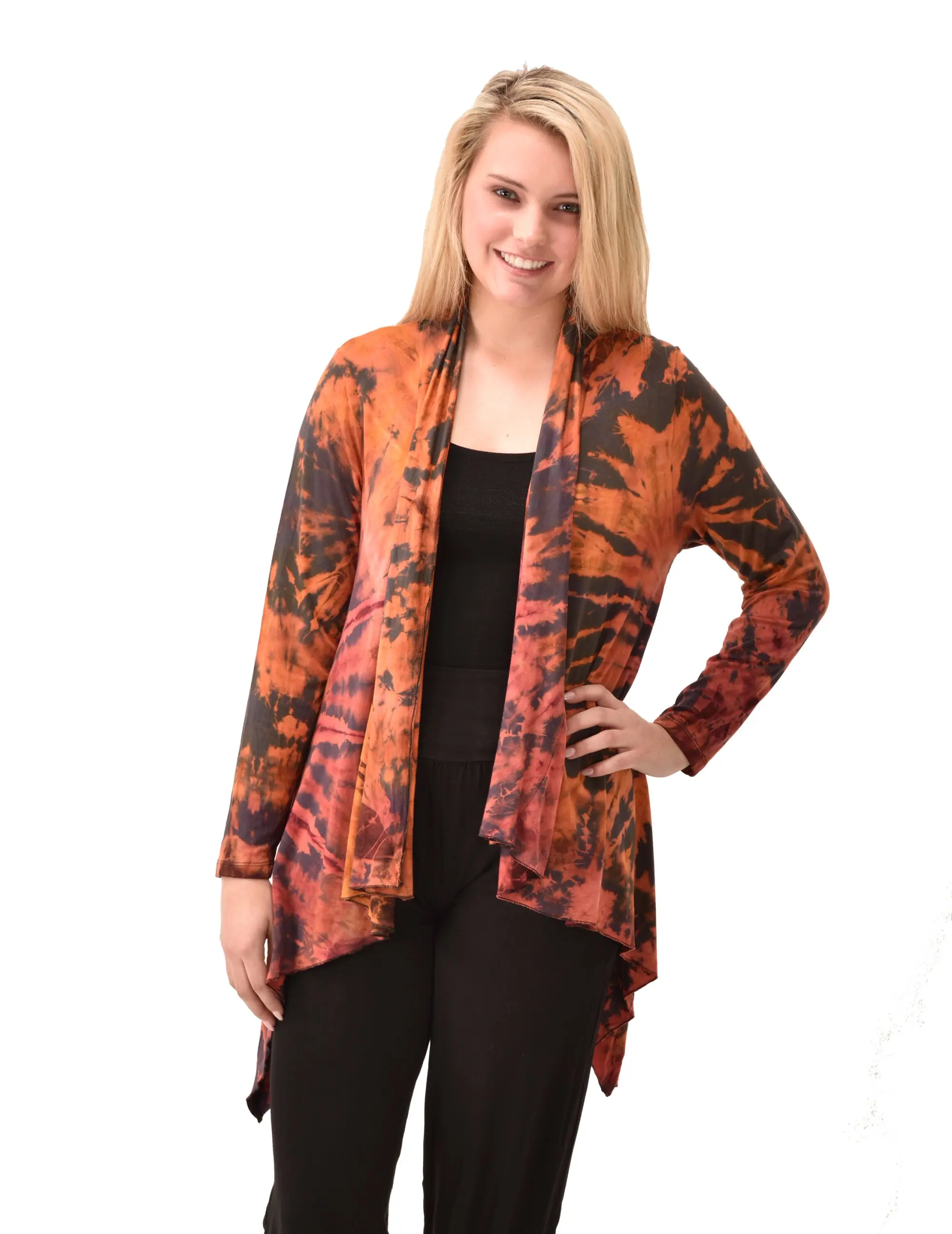 Top Cardigan Kimono style blouse Mudmee Ikat reverse style Tie-Dye on silky soft high end Spandex Rayon blended machine washable fabric