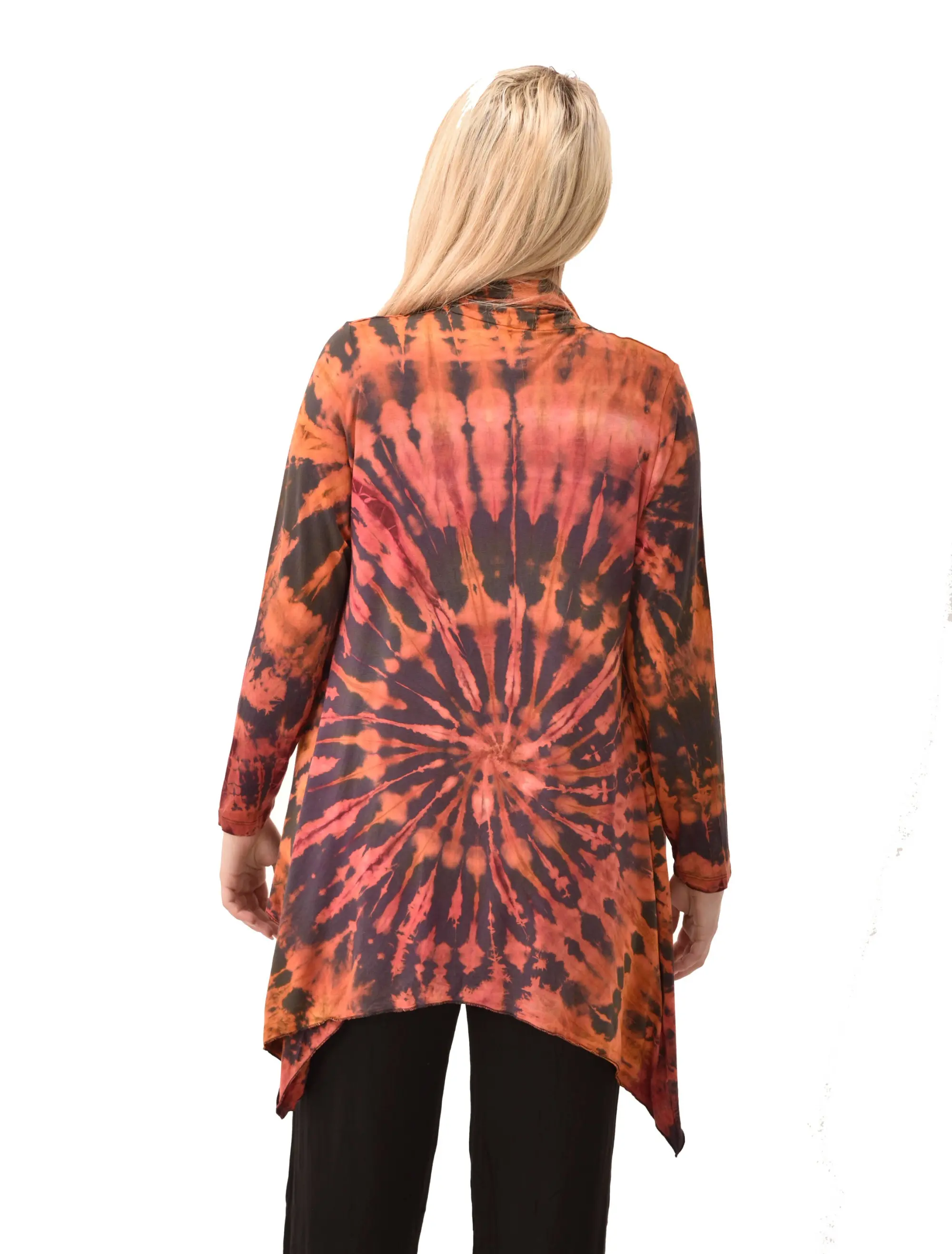 Top Cardigan Kimono style blouse Mudmee Ikat reverse style Tie-Dye on silky soft high end Spandex Rayon blended machine washable fabric