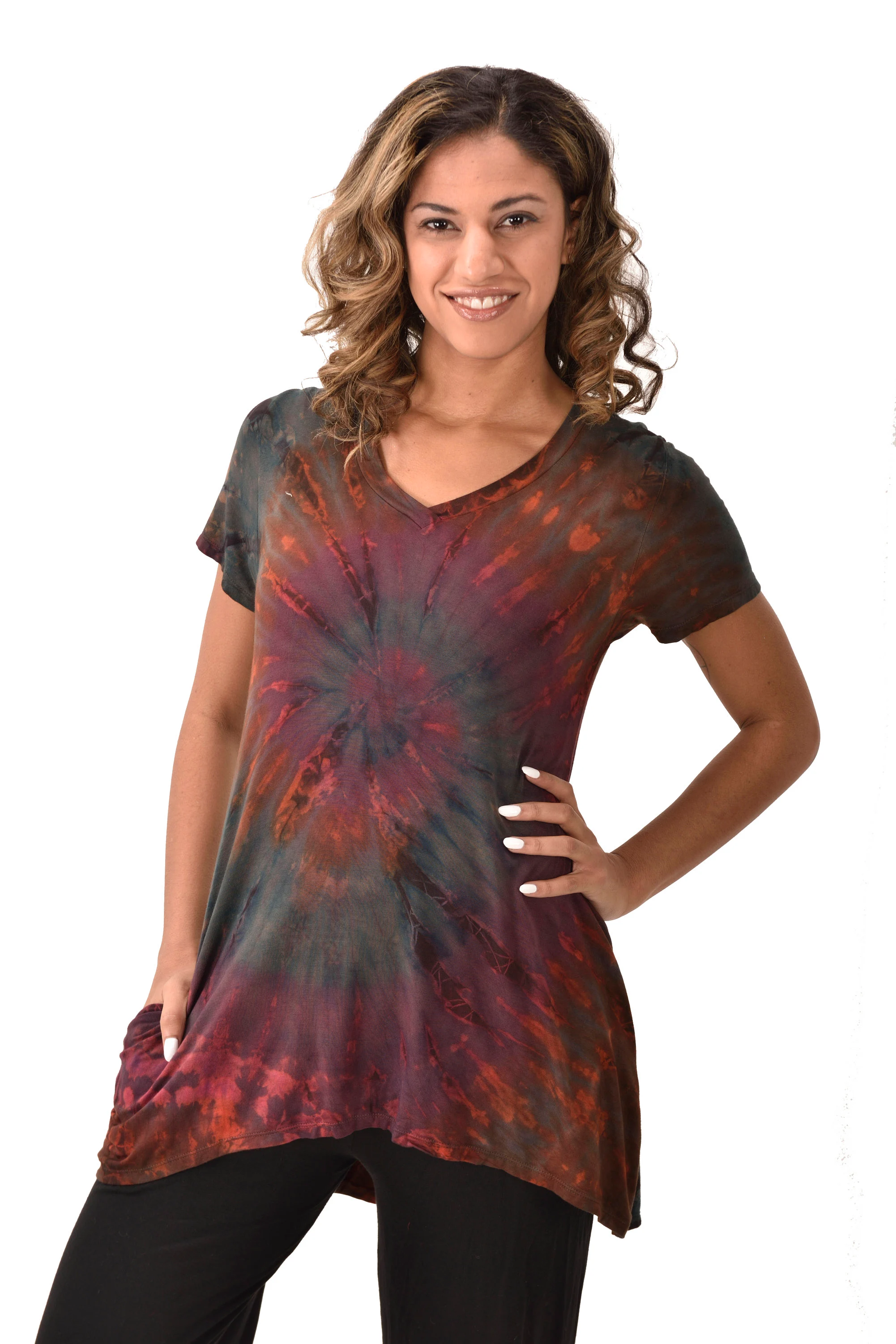 Top V Neck Short Sleeve Dress/Blouse Mudmee Ikat style reverse tie dye on Rayon Spandex fabric boho chic hippie festival Top Dress combo