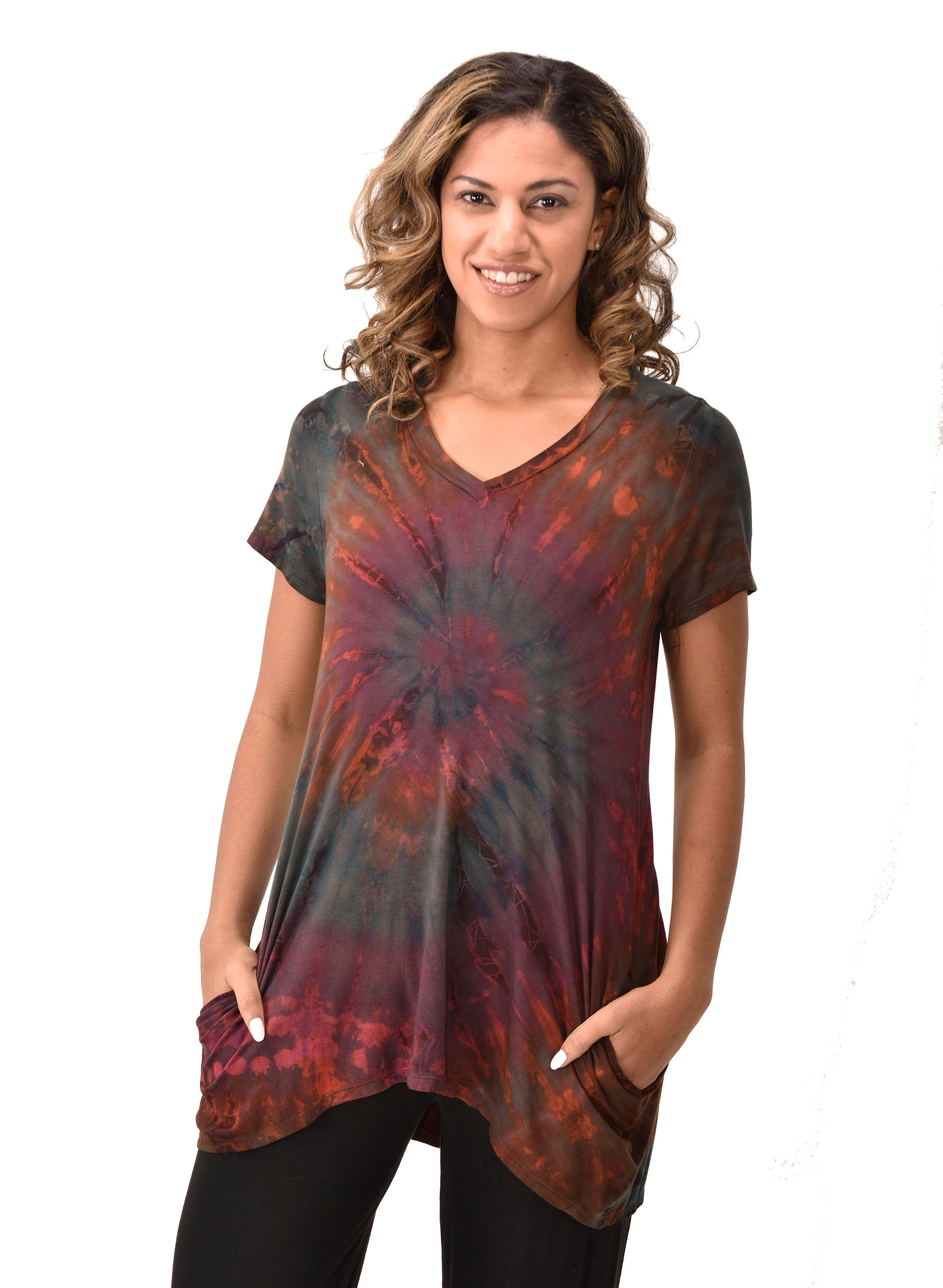Top V Neck Short Sleeve Dress/Blouse Mudmee Ikat style reverse tie dye on Rayon Spandex fabric boho chic hippie festival Top Dress combo