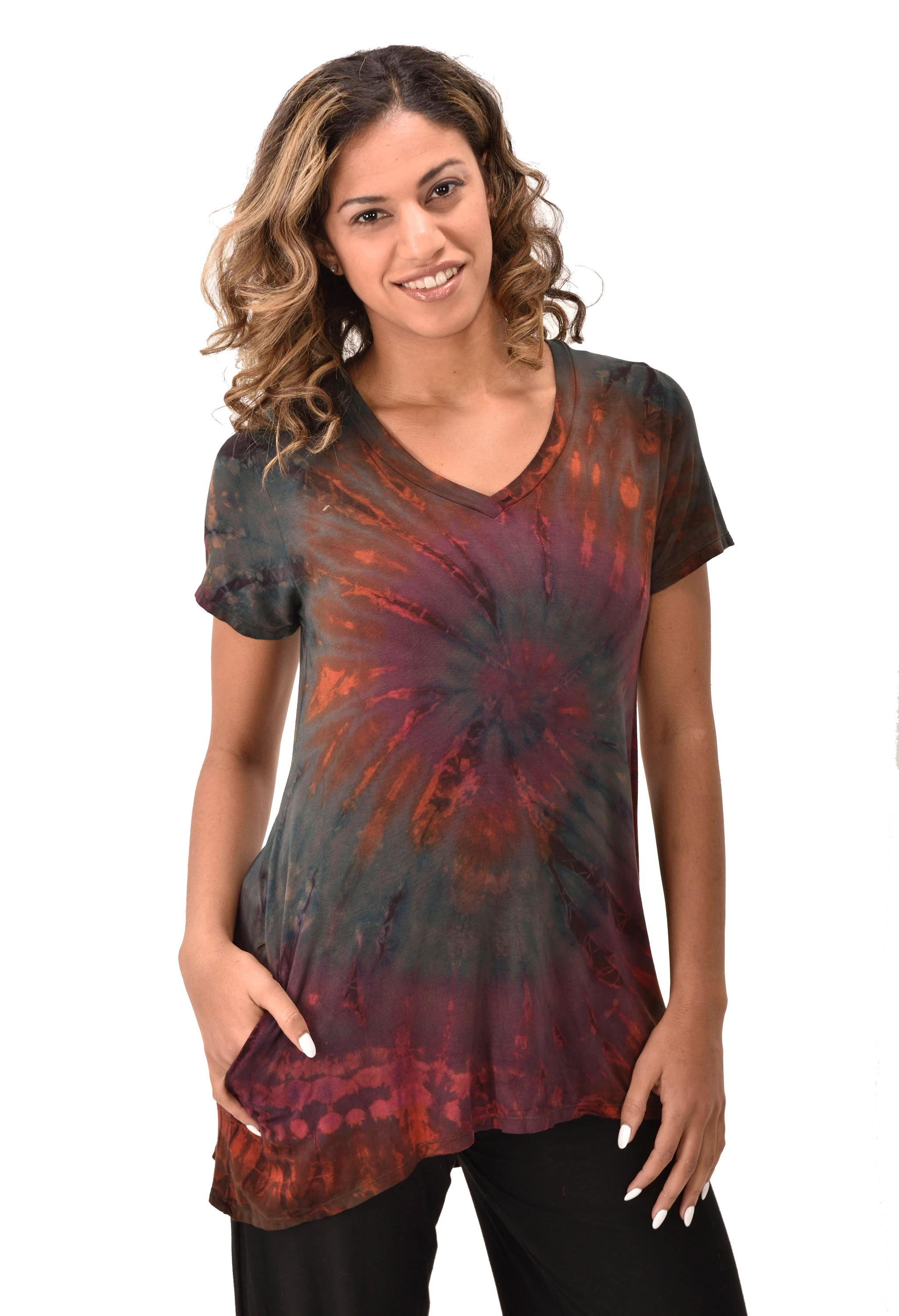 Top V Neck Short Sleeve Dress/Blouse Mudmee Ikat style reverse tie dye on Rayon Spandex fabric boho chic hippie festival Top Dress combo
