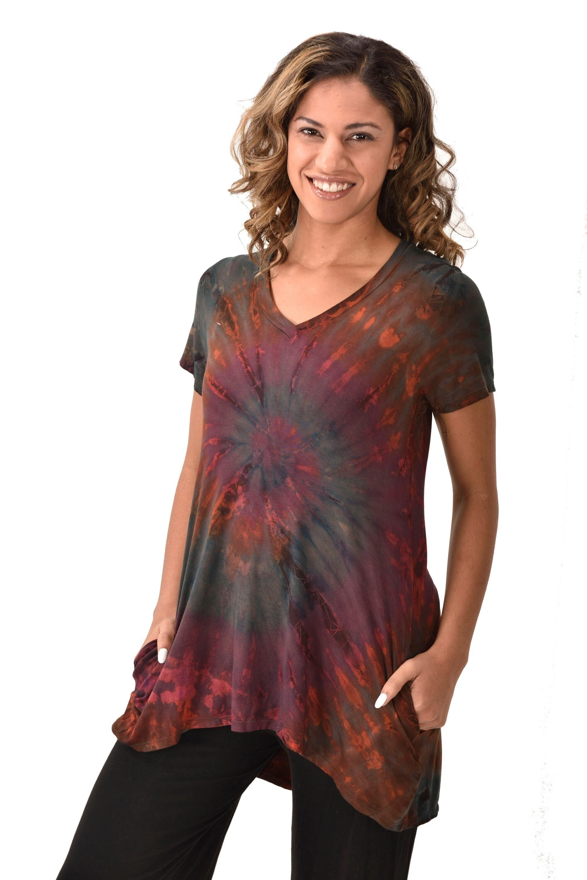Top V Neck Short Sleeve Dress/Blouse Mudmee Ikat style reverse tie dye on Rayon Spandex fabric boho chic hippie festival Top Dress combo