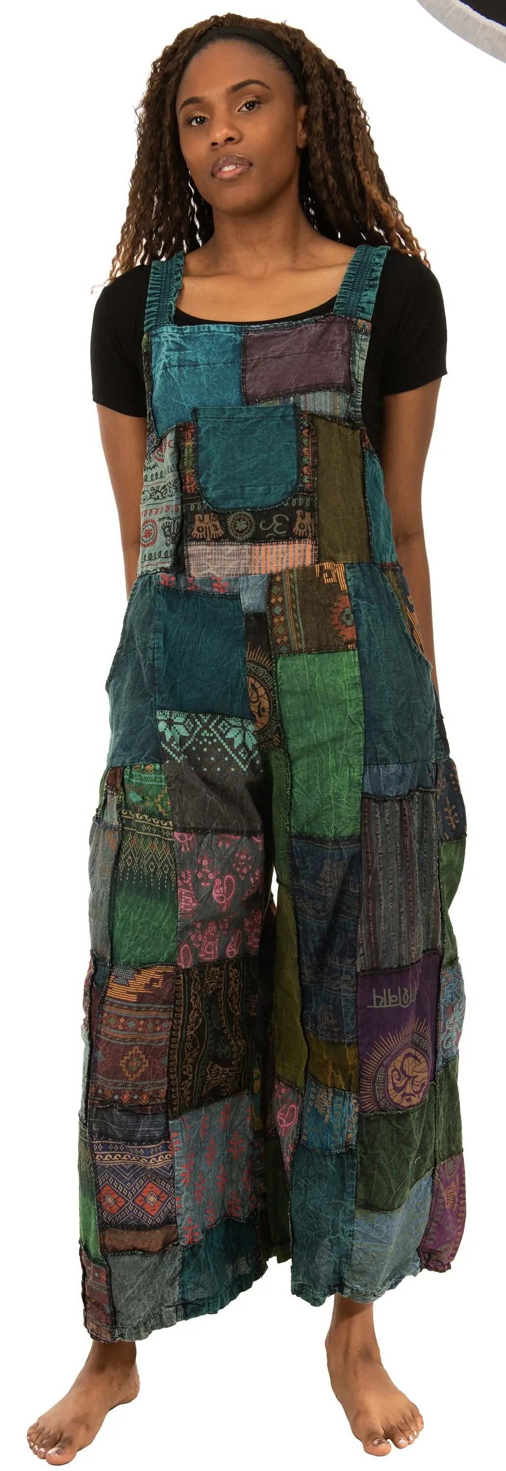 Patchwork Jumpsuit with Wide-Leg  Overalls With Pockets and Adjustable Straps Pants  Wide Leg Pants Hippie Pants  Patchwork Pants