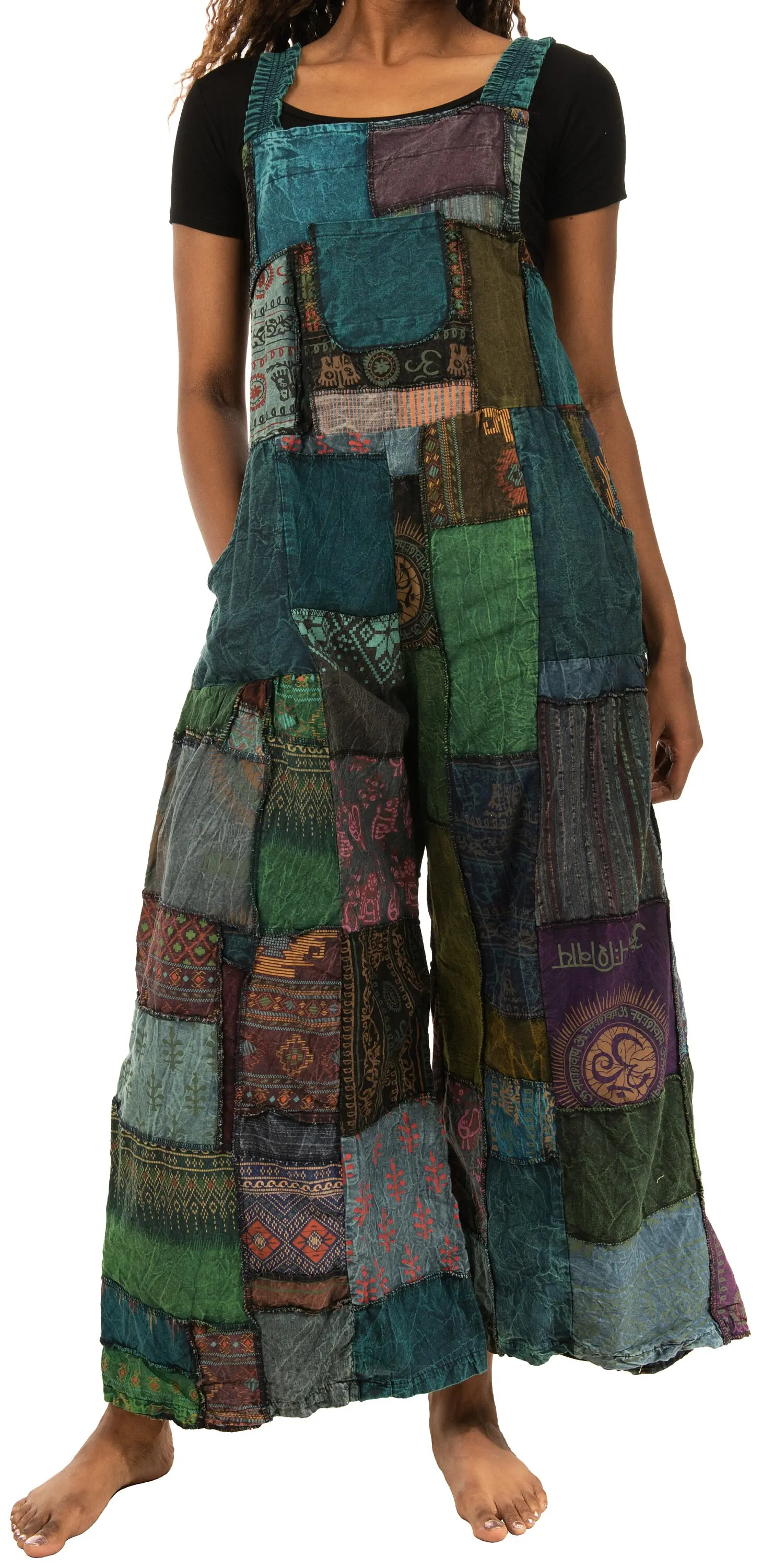 Patchwork Jumpsuit with Wide-Leg  Overalls With Pockets and Adjustable Straps Pants  Wide Leg Pants Hippie Pants  Patchwork Pants