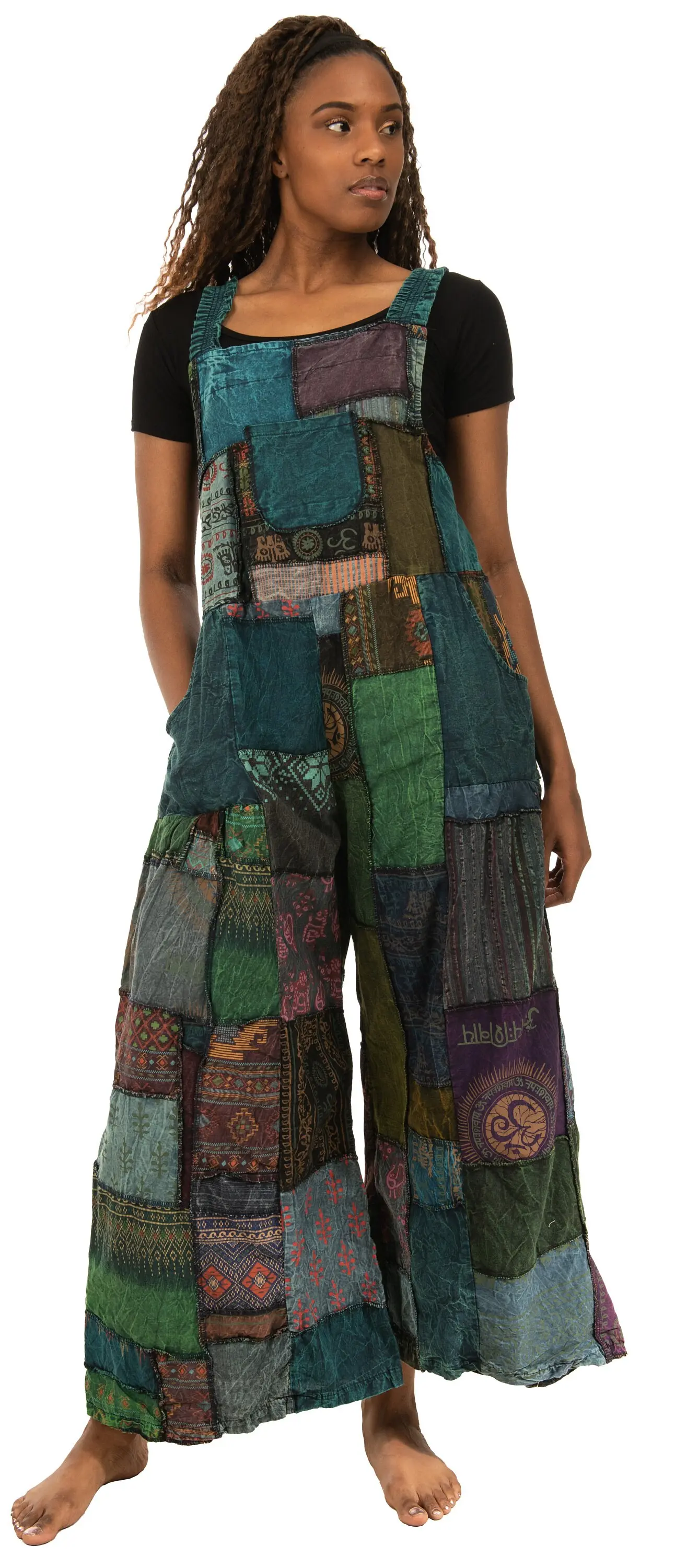 Patchwork Jumpsuit with Wide-Leg  Overalls With Pockets and Adjustable Straps Pants  Wide Leg Pants Hippie Pants  Patchwork Pants